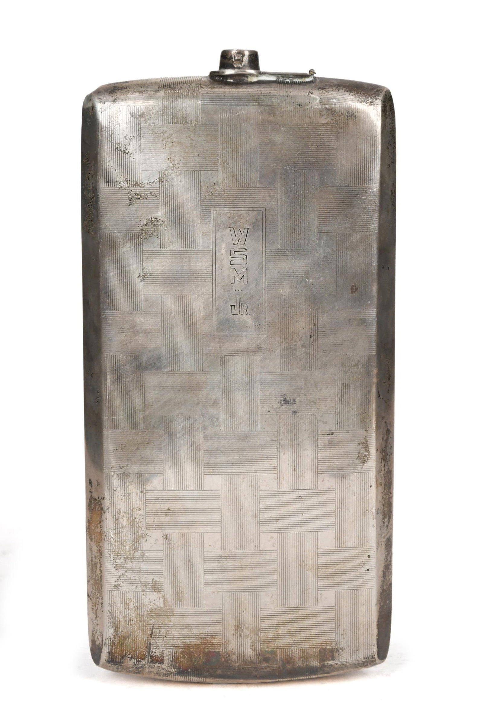 ANTIQUE STERLING FLASK.: An antique sterling flask with parquet design, monogrammed, WSM JR. 12.15 oz t. 9.5”H x 5”W.