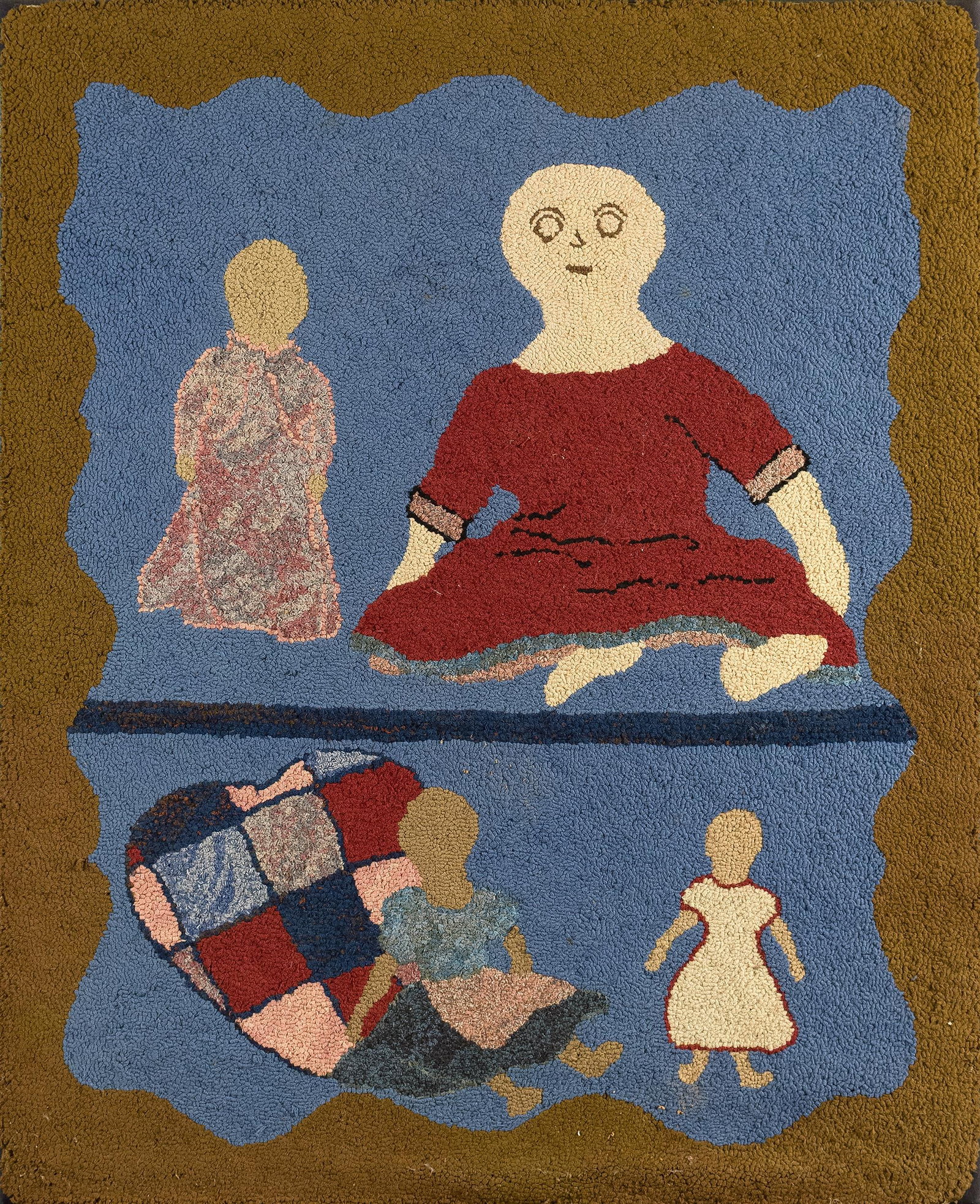 VINTAGE FIGURAL HOOKED RUG, AMERICAN COUNTRY.: A 1979 hooked rug which depicts a photo from Mary Emmerling’s first book, ‘American Country, A Style & Sourcebook’, pg. 148. Professionally mounted to hanging board/stretchers,