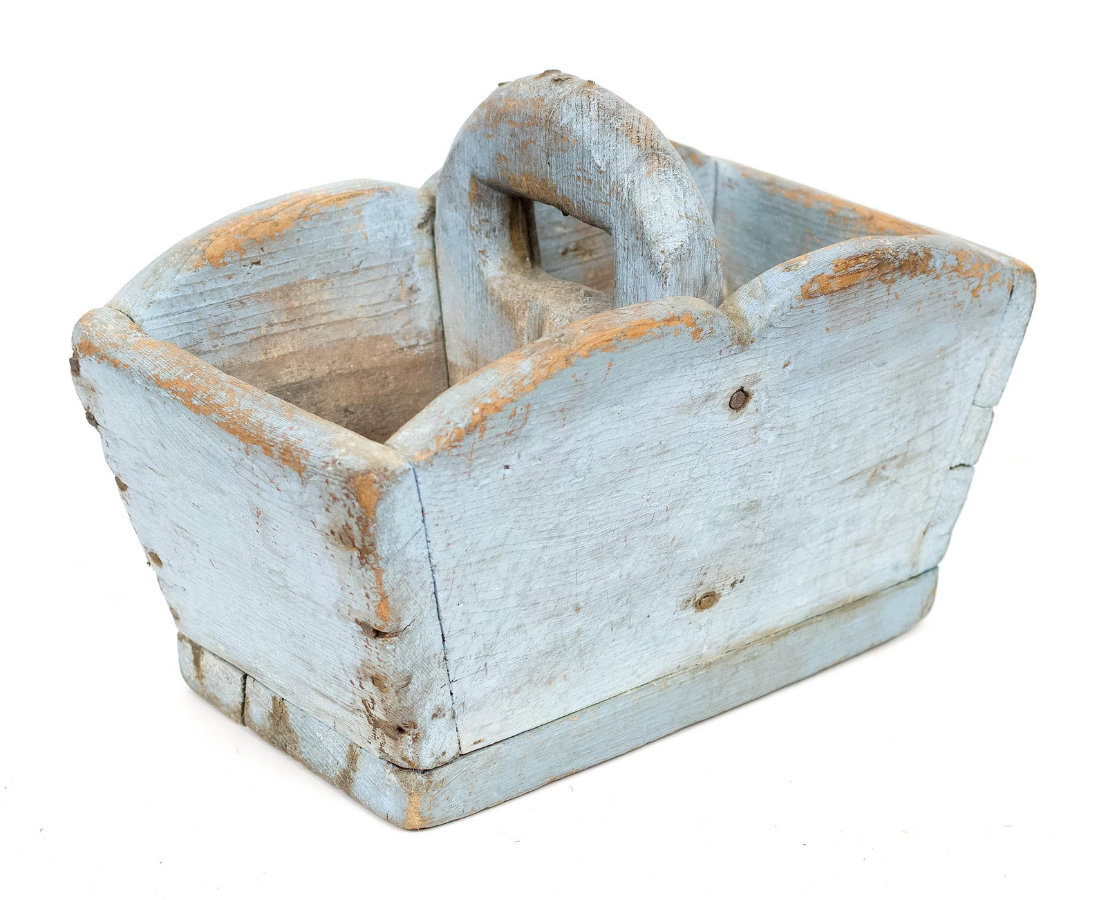 ANTIQUE BLUE PAINTED HANDLED CARRIER.: A late 19th C. dovetailed, two sectional handled carrier in old robins egg blue paint, 9“H x 12“W x 7.5”D. Provenance: from the lifelong, curated collection of Kathy Schoemer,