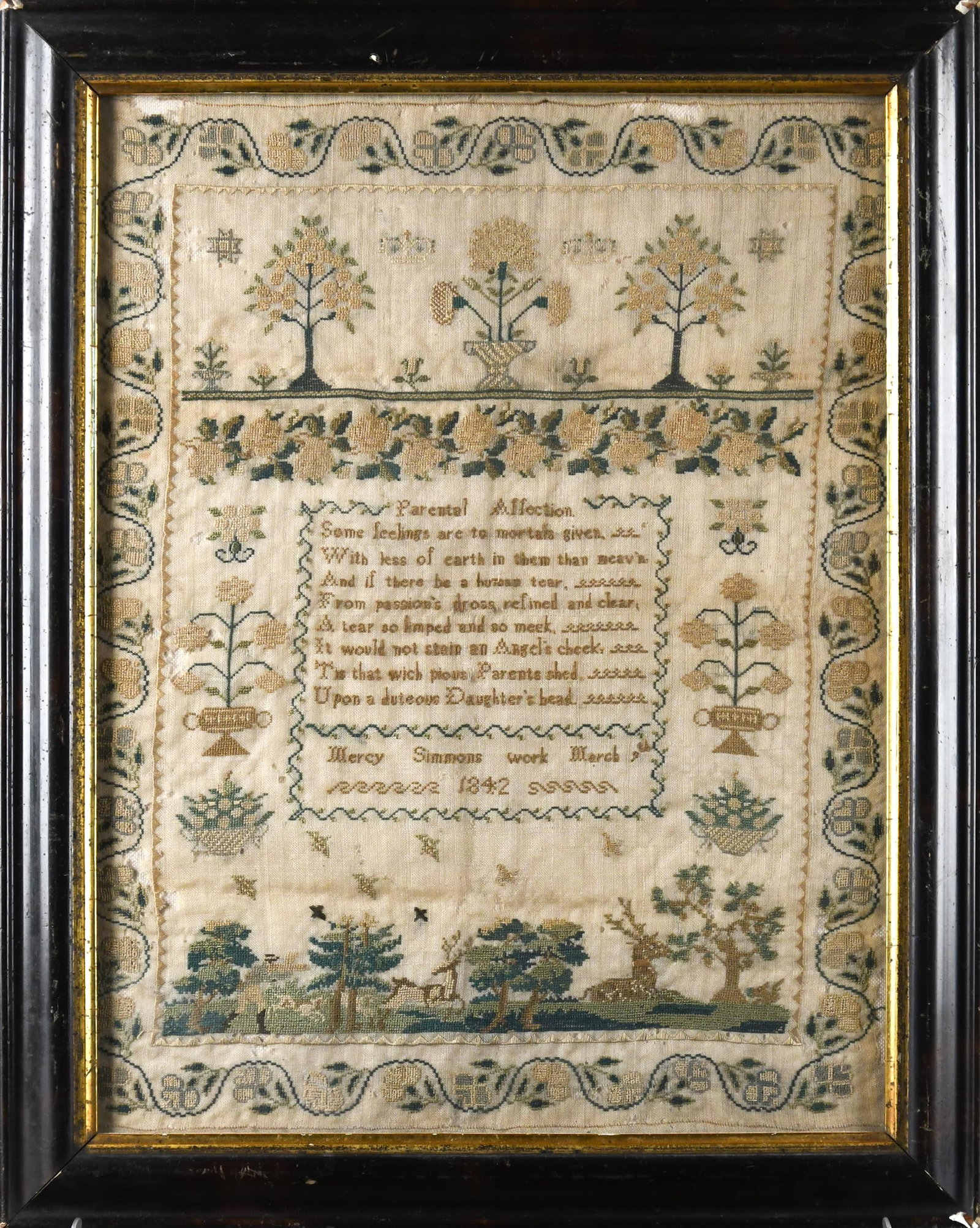 1842 MERCY SIMMONS NEEDLEWORK SAMPLER.: A dated 1842 needlework sampler by Mercy Simmons, with verse “Parental Affection”, hunter and games, flowers and trees. Image 16” x 12, Frame 19.5” x 15.5”. Provenance: