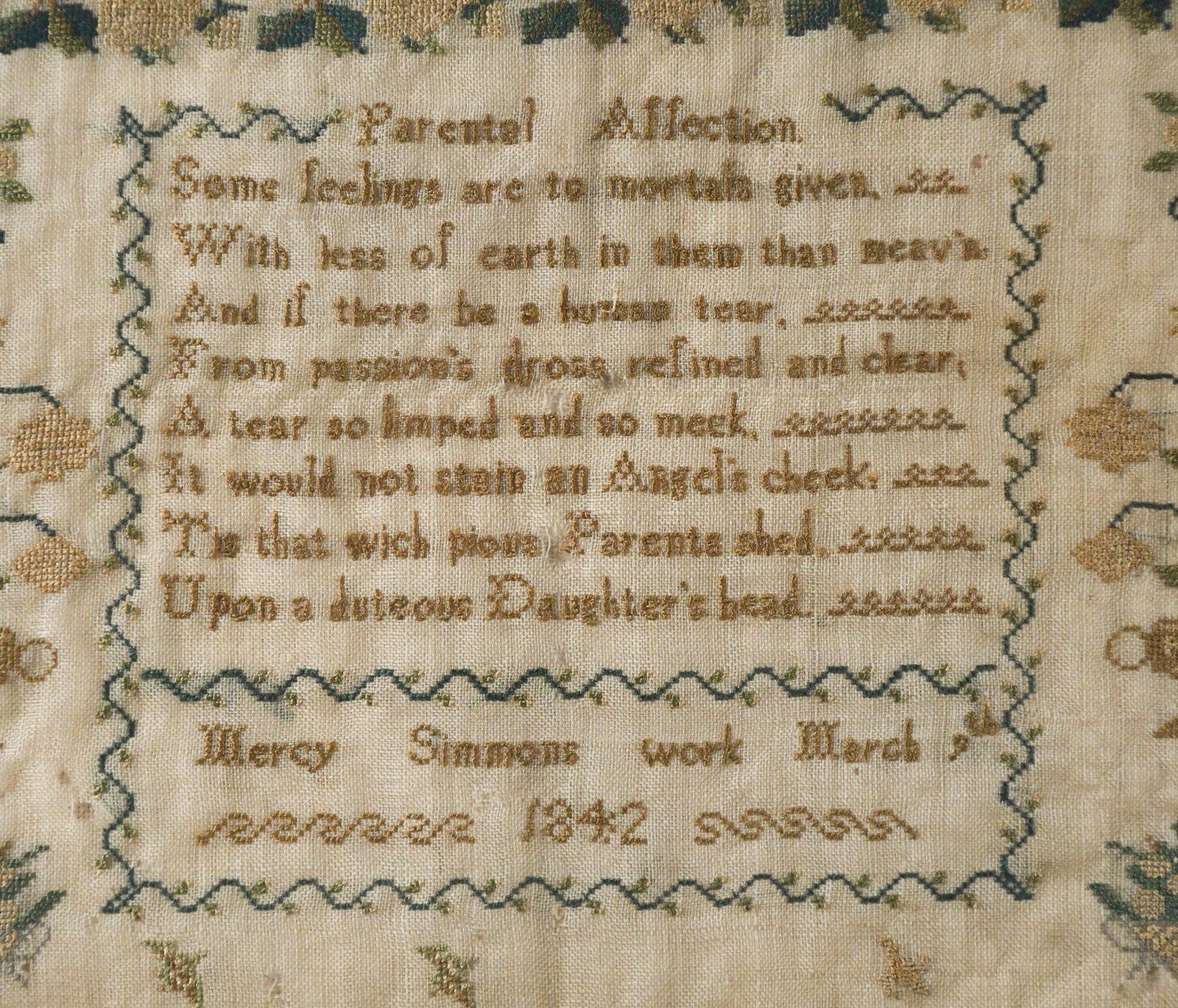 1842 MERCY SIMMONS NEEDLEWORK SAMPLER. - 2