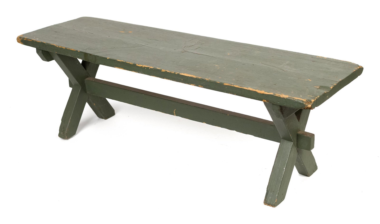 19TH C. VERMONT GREEN PAINTED FOOTSTOOL.: A charming late 19th C. Vermont footstool, with early floral needlepoint top and an old green painted base with lively scroll cut outs, 11” H x 13” square. Provenance: from the lifelong,