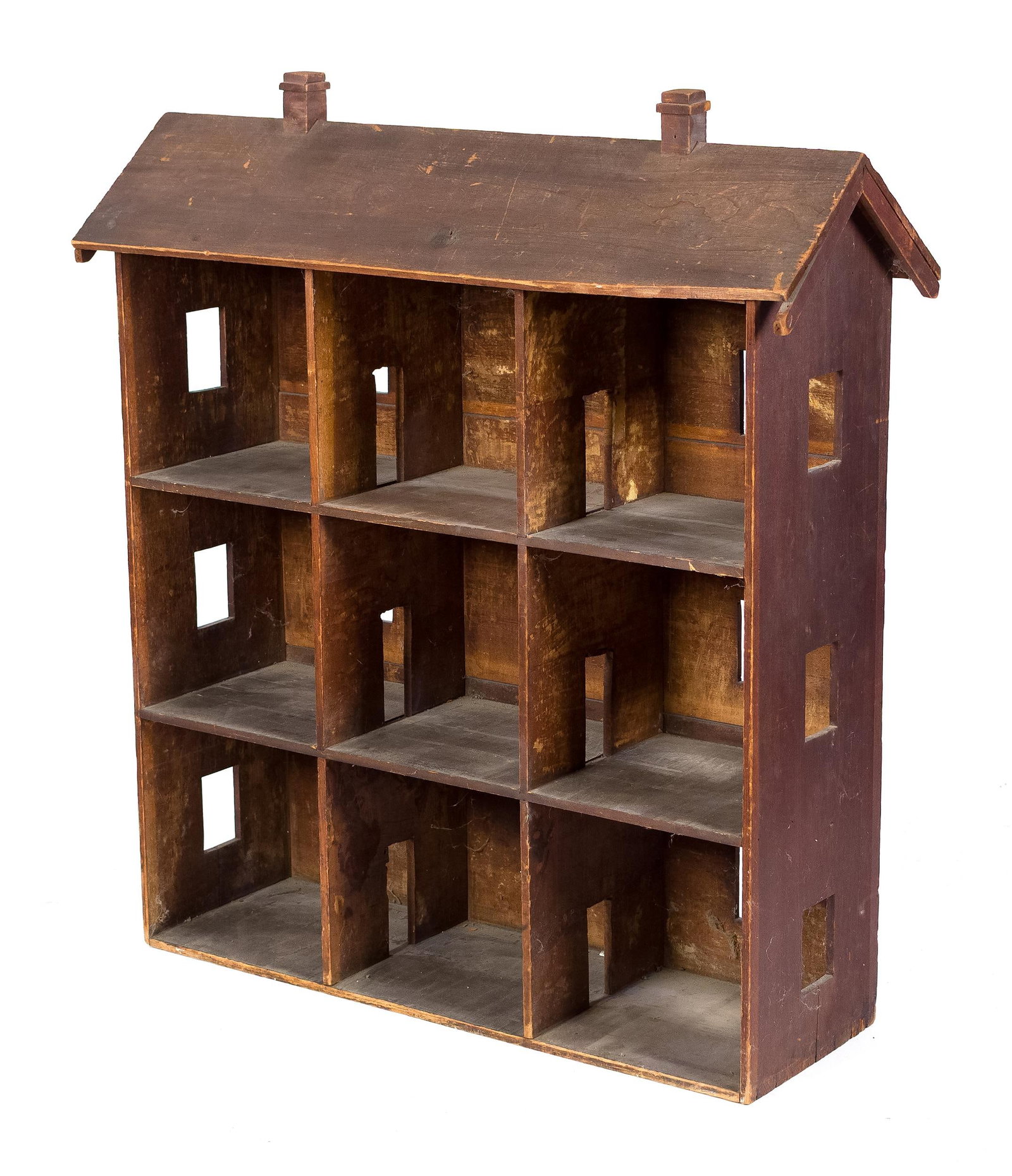 19TH C. LARGE HANDMADE DOLLHOUSE.: A large 19th C. three-story dollhouse in a natural finish, works well as a bookcase also, 45”H x 42”L x 15”D. Provenance: from the lifelong, curated collection of Kathy Schoemer,