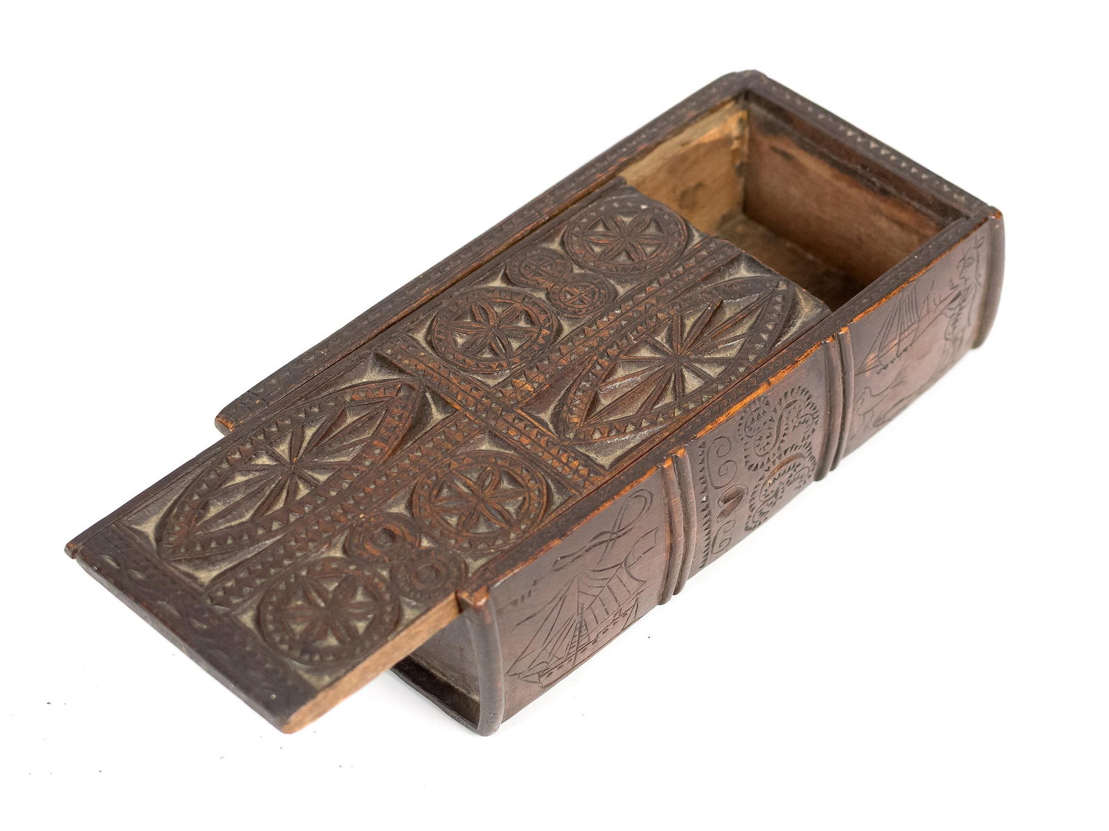 19TH C. CHIP CARVED BOOK BOX, S.G.: A mid 19th C. chip carved book box, with fine chip carvings of pin wheels, paterae, boats, bird and initialed SG, 2.25” x 8.25” x 4”.