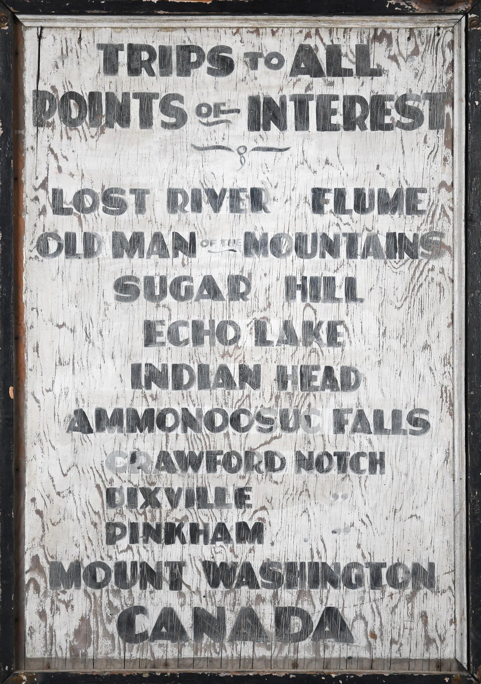 ANTIQUE NEW HAMPSHIRE WHITE MOUNTAINS ATTRACTION SIGN: An early 20th C. double-sided painted sign pertaining to New Hampshire/White Mountains destinations. Sign with stenciled inscription on both sides, ‘Trips to All Points of Interest: Lost River