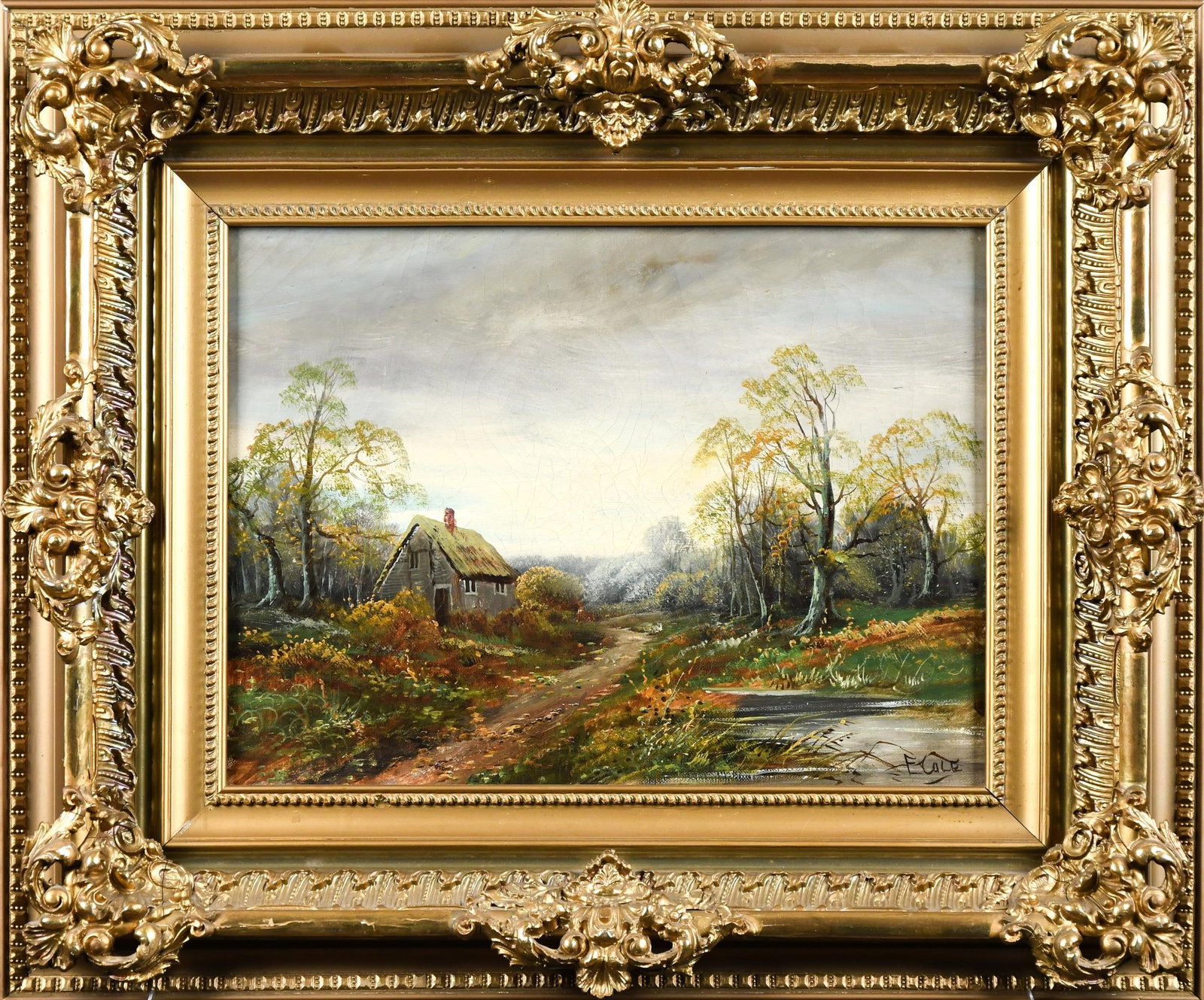 EDWIN COLE OIL, LANDSCAPE WITH COTTAGE.: 19th C. Edwin Cole oil on canvas, cottage in a summer landscape, signed lower left, ‘E. Cole’. Image 12” x 16”, Frame 20.5” x 24.5”.