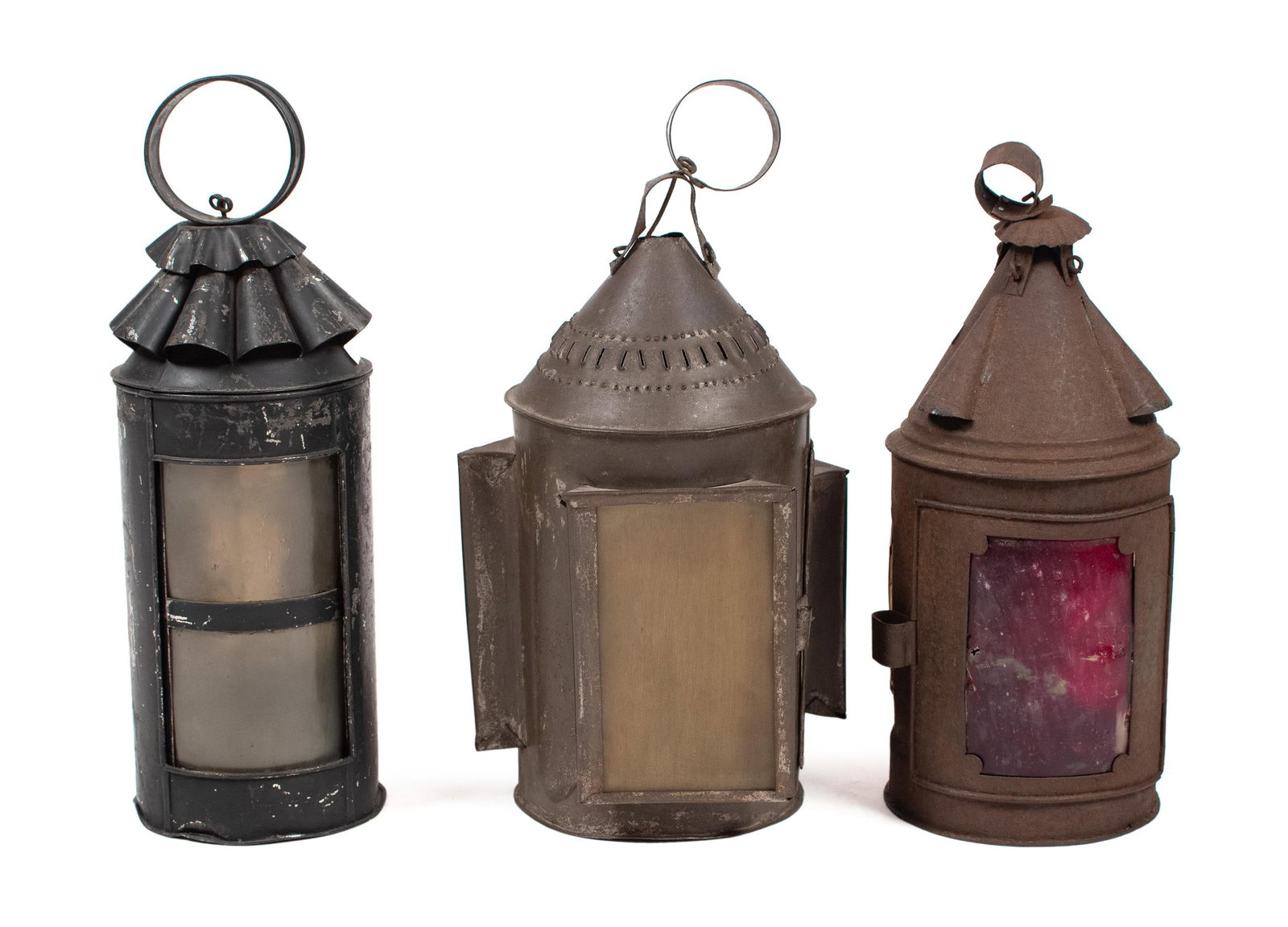 THREE ANTIQUE BARN LANTERNS.