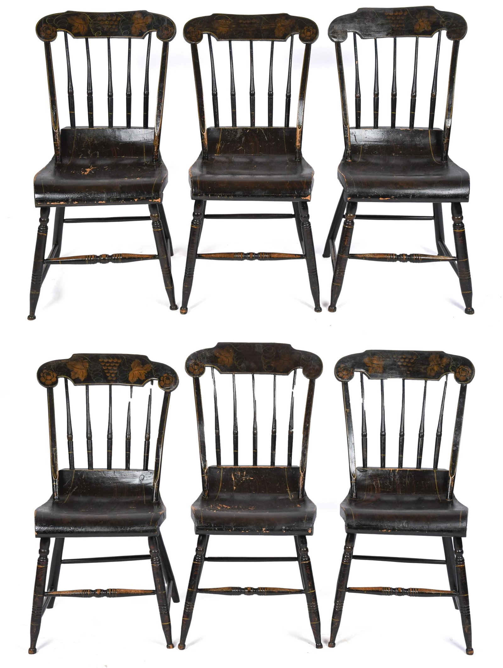 SET OF SIX 19TH C. AM. GRAIN PAINTED DINING CHAIRS.: A good matched set of six ca.1830 American Sheraton grain painted plank seat dining chairs with stenciled and free hand floral motifs. 35”H x 16”W x 17”D x 17” seat H.