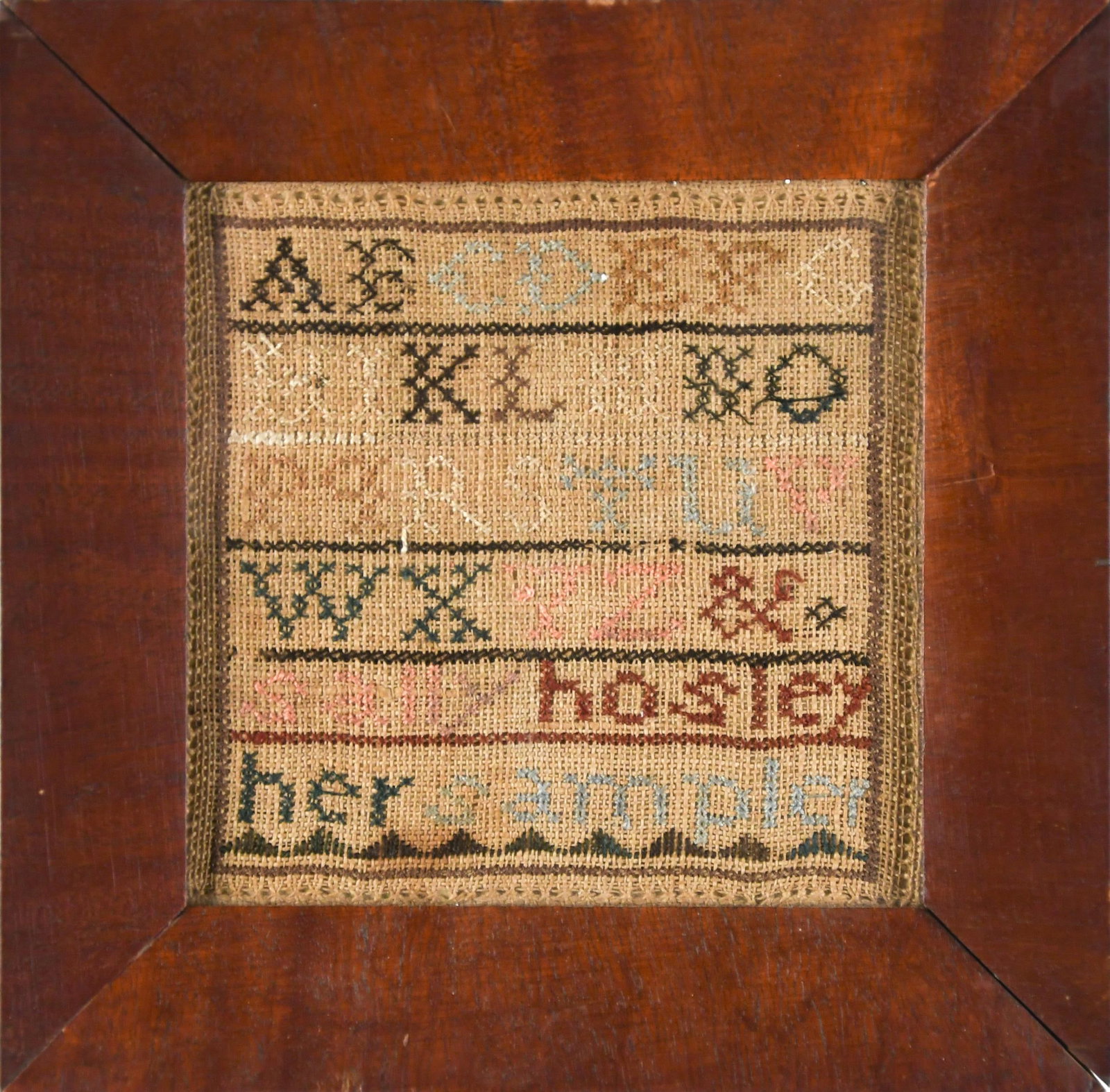 ANTIQUE DIMINUTIVE HOSLEY FRAMED SAMPLER. (1 of 6)