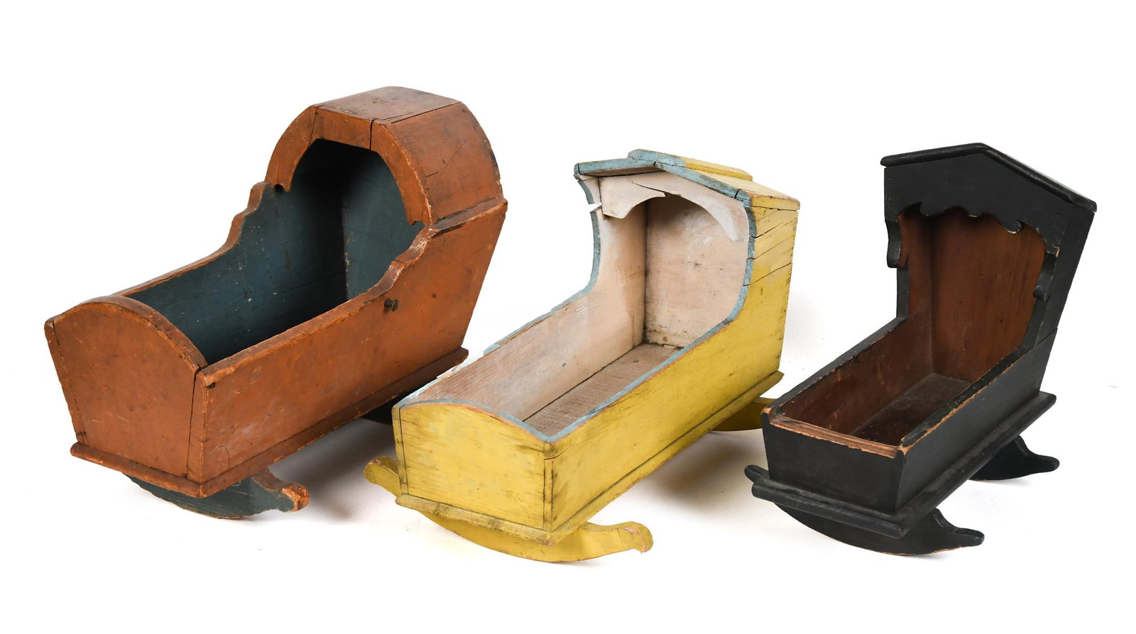 THREE ANTIQUE PAINTED HOODED CRADLES. (1 of 11)