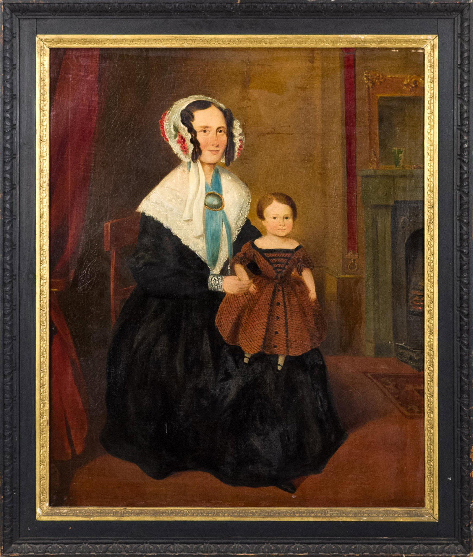 19TH C. PORTRAIT PAINTING MOTHER AND CHILD.: A 19th C. unsigned oil on canvas, well painted portrait of a young mother and her child within a formal interior. Image 30” x 25”, Frame 34.5” x 29”.