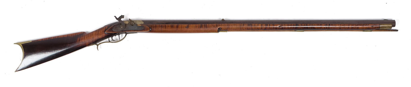 PERCUSSION LONG RIFLE WITH TIGER MAPLE STOCK. (1 of 2)