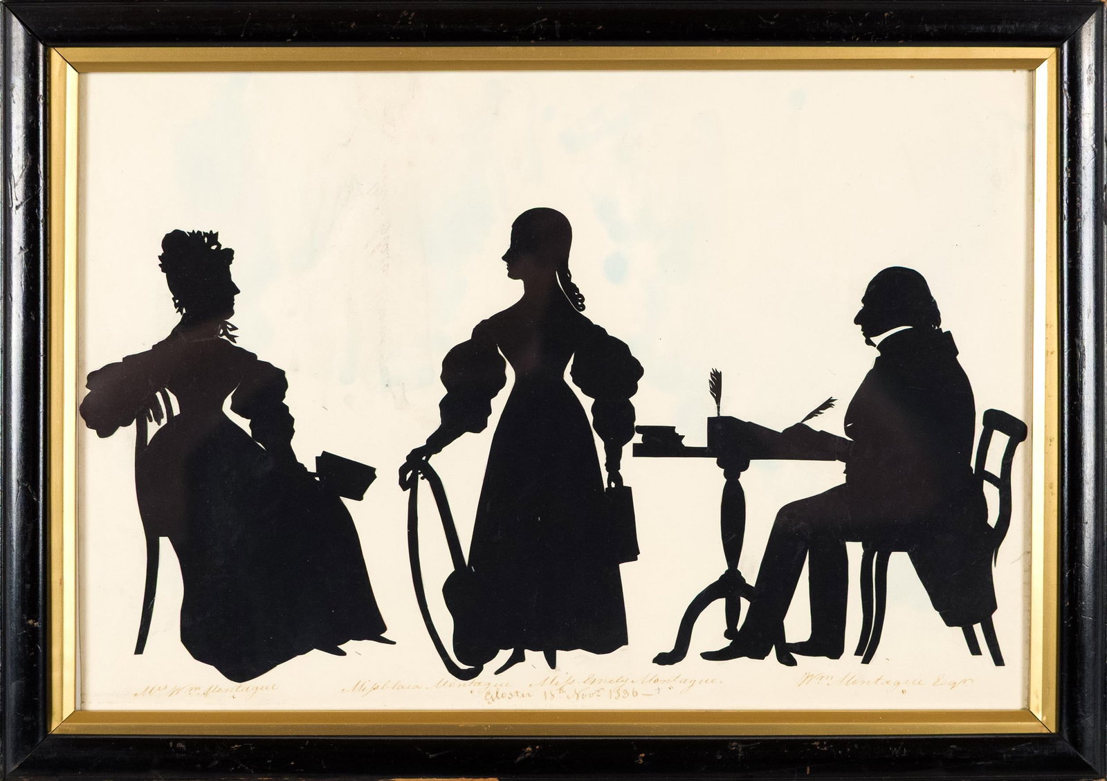 19TH C. HOLLOW-CUT SILHOUETTE, THE MONTAGUE FAMILY.: An 1836 hollow-cut silhouette of The Montague family of Gloster. Includes an Elizabeth Coombs document on back deciphering names and cites provenance from the famed collection of Mrs. Nevill Jackson.