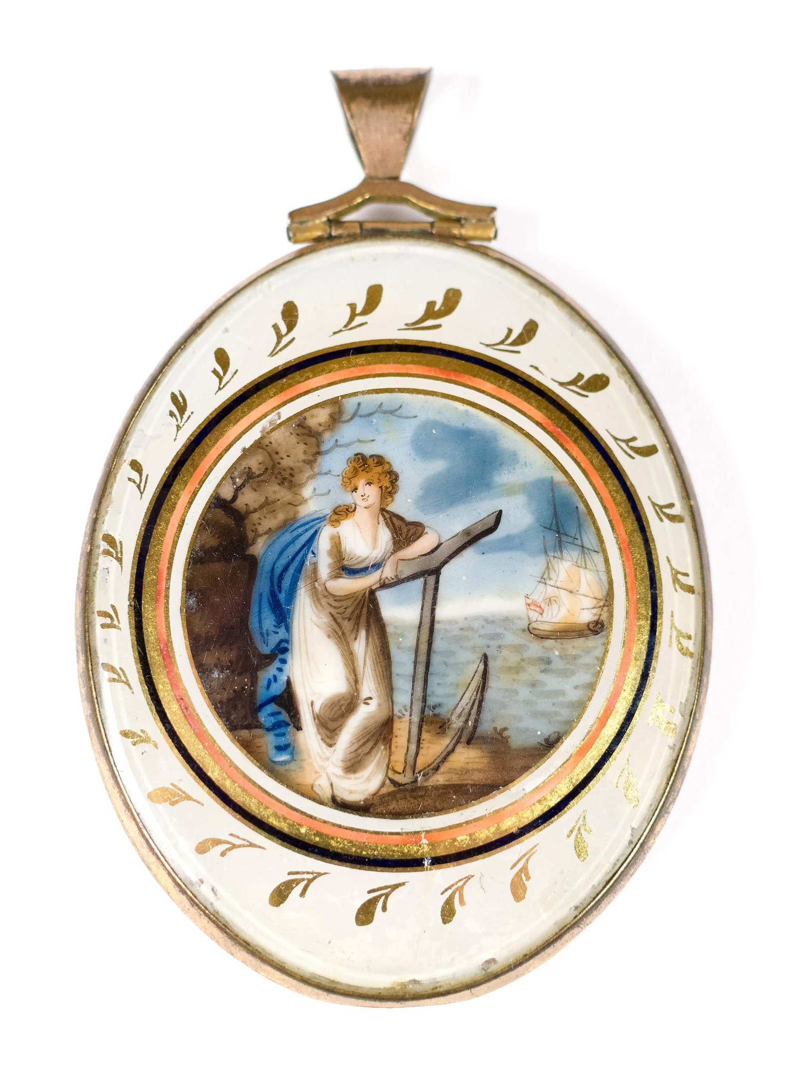 ANTIQUE MOURNING LOCKET, SAILORS RETURN.: A ca. 1800 miniature painted mourning locket, woman with anchor standing on the shoreline awaiting the return of her ship captain in a gold case, 2.5” x 2” overall.
