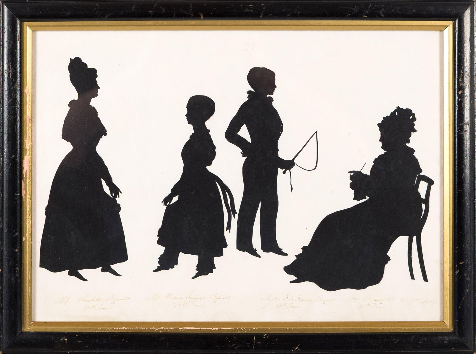 19TH C. HOLLOW-CUT SILHOUETTE, THE BRANDT FAMILY.: An 1829 hollow-cut silhouette of Brandt family of Bath. Includes an Elizabeth Coombs document on back deciphering names and cites provenance from the famed collection of Mrs. Nevill Jackson. Image
