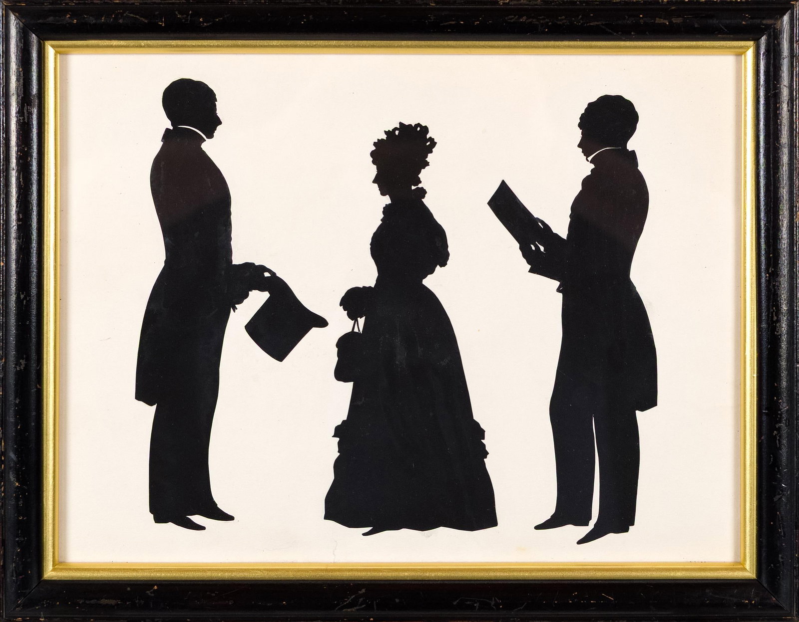 19TH C. HOLLOW-CUT SILHOUETTE, THE BLENCOVE FAMILY.: An 1829 hollow-cut silhouette of the Blencove family of ChatEthan. Includes an Elizabeth Coombs document on back deciphering names and cites provenance from the famed collection of Mrs. Nevill