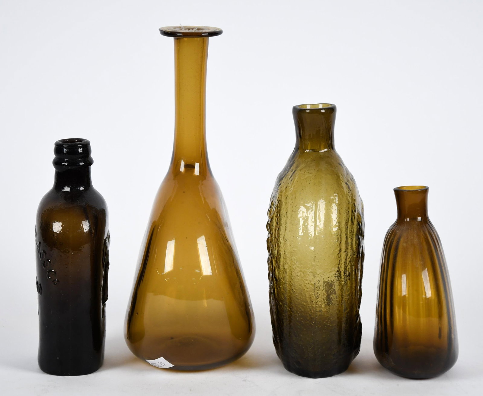 FOUR ANTIQUE BLOWN BOTTLES/FLASKS. - 4