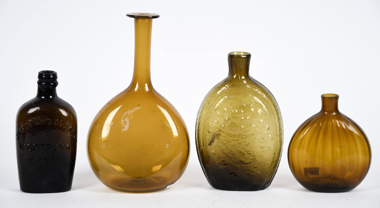 FOUR ANTIQUE BLOWN BOTTLES/FLASKS. - 5