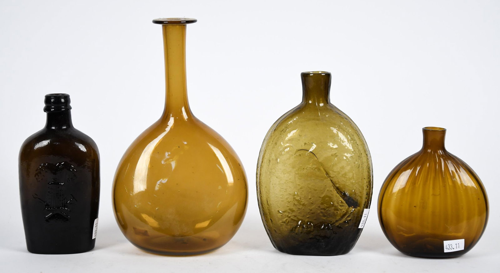 FOUR ANTIQUE BLOWN BOTTLES/FLASKS. - 6