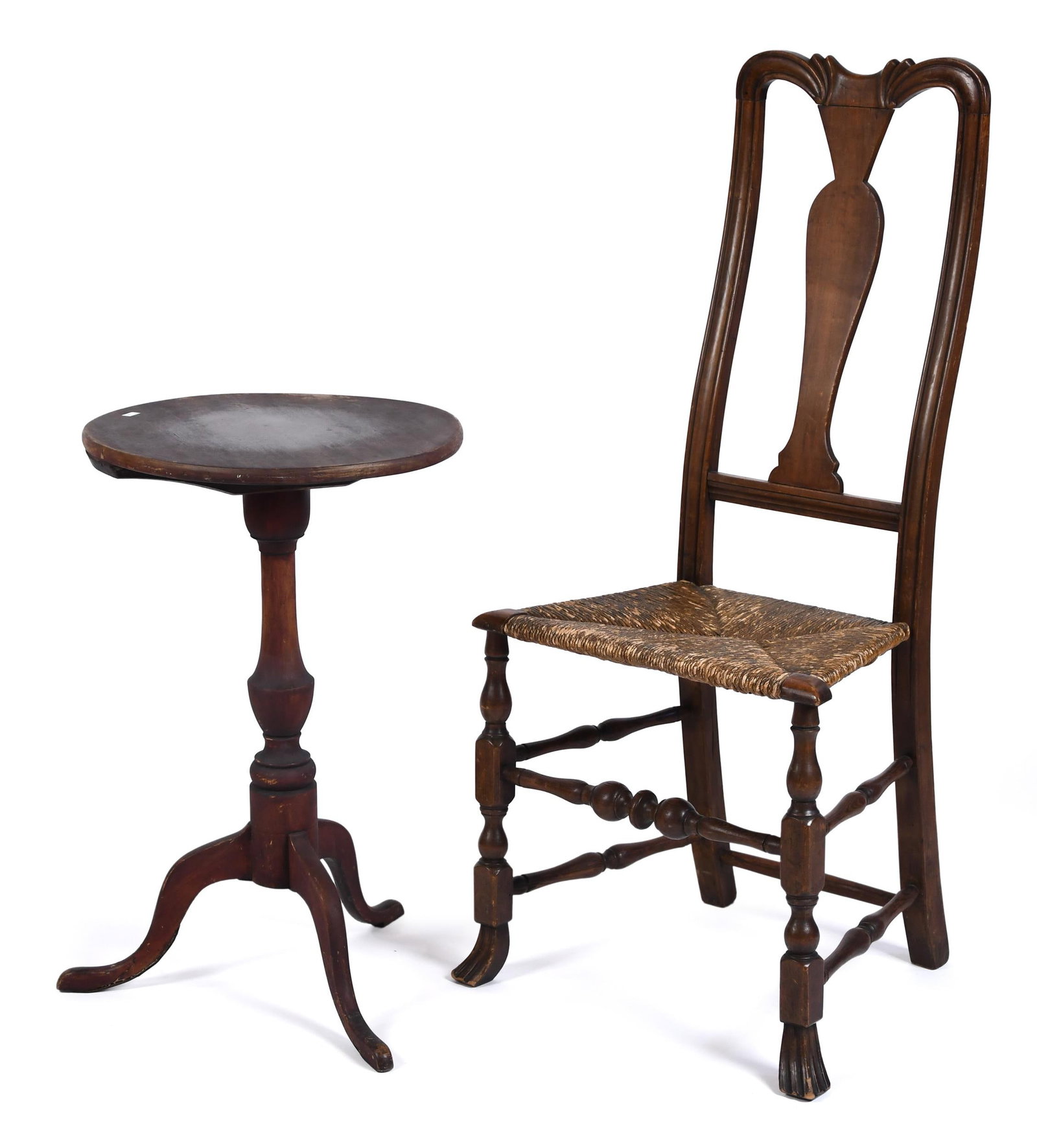 18TH C. QUEEN ANNE CHAIR AND CANDLESTAND, 2PCS. (1 of 13)