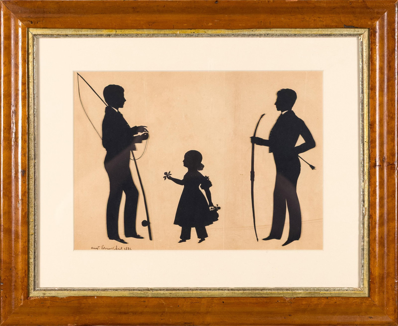 AUGUSTE EDOUART SILHOUETTE, ARCHER AND ROD.: Richard, Elizabeth Georgina, and Edward George Barrett, archer and rod, signed lower left Aug Edouart fecit 1837, Image 8.5” x 11.75”, Frame 16” x 19”.
