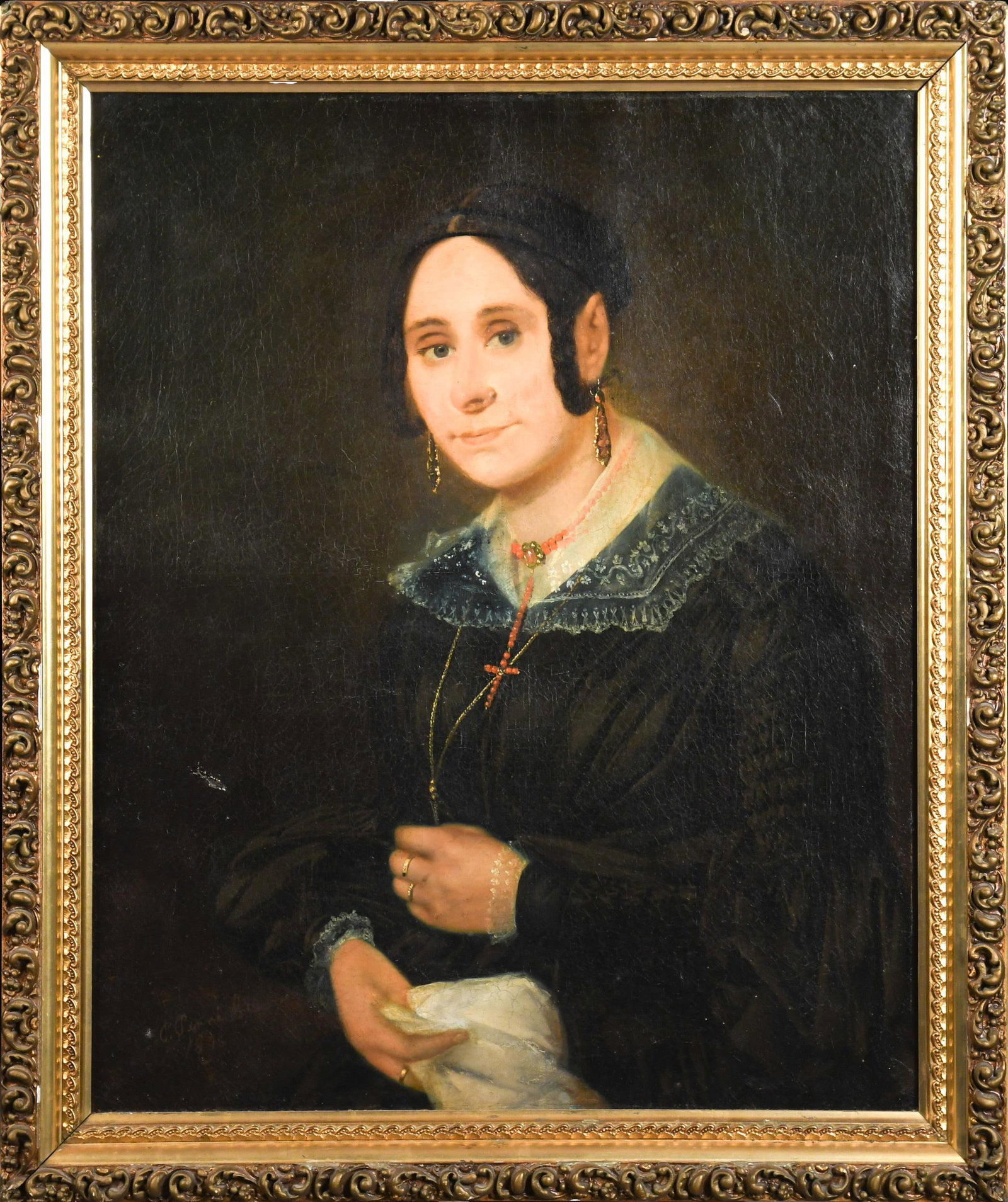 19TH C. OIL ON CANVAS, PORTRAIT OF WOMAN.: An 1846 oil on canvas, portrait of a lady in formal attire wearing rosary beads with subdued background. Dated 1846 and faintly signed lower left. Image 29.5” x 23.5”, Frame 39” x 28