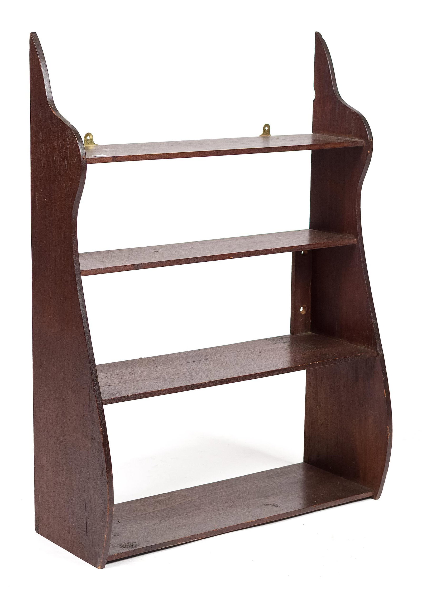 19TH C. WHALES END HANGING SHELVES.: An early 19th C. Whales end hanging wall shelves, in old color. 32”H x 23.25”W x 8.75”D.