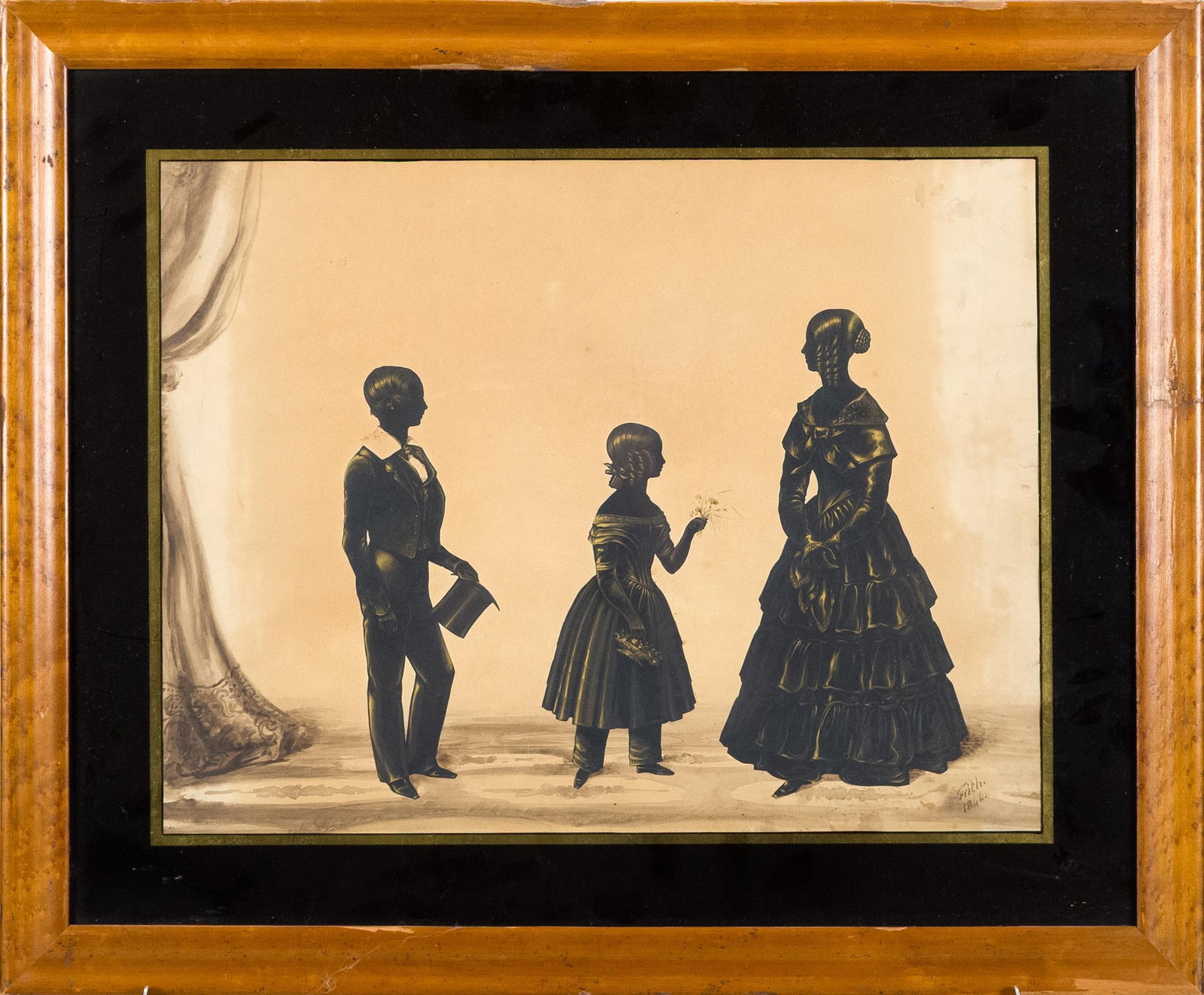 1844 FREDERICK FRITH SILHOUETTE/WATERCOLOR.: A dated 1844 Frederick Frith (1819-1871) triple figure silhouette and watercolor, mother with children. Signed lower right, ‘Frith 1844’. Image 13” x 17”, Frame 19.5” x 2