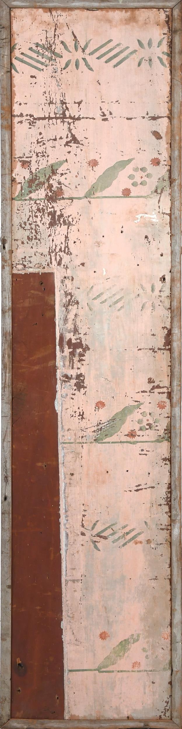 ANTIQUE MOSES EATON STENCILED FOLK ART PANEL.: A ca. 1840 Moses Eaton stenciled folk art panel with minimal patterning in shell pink and green. 57.5”H x 13”W. Provenance: from the lifelong, curated collection of Kathy Schoemer, Walpole