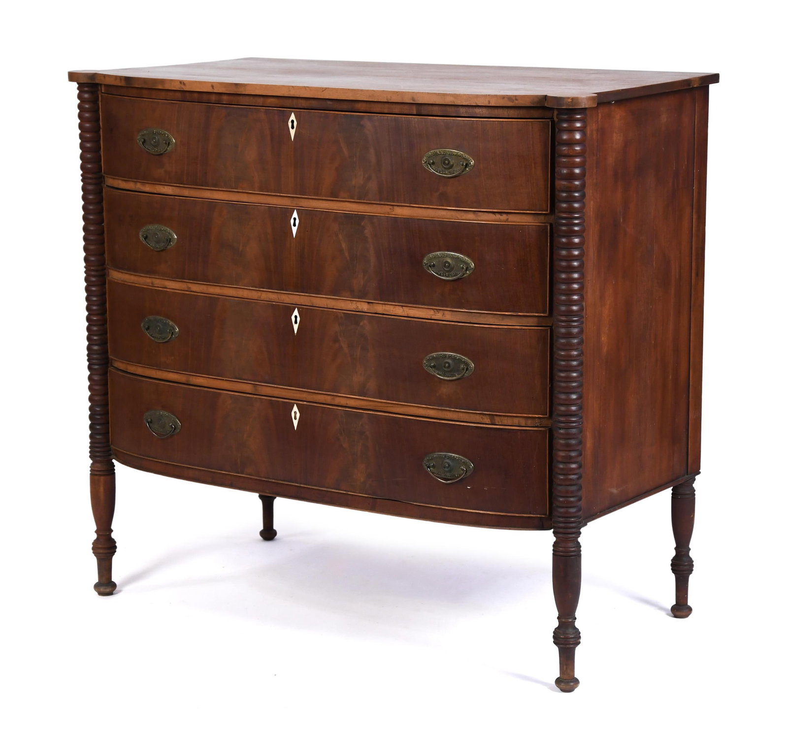 19TH C. AMERICAN SHERATON BOW FRONT CHEST. (1 of 13)