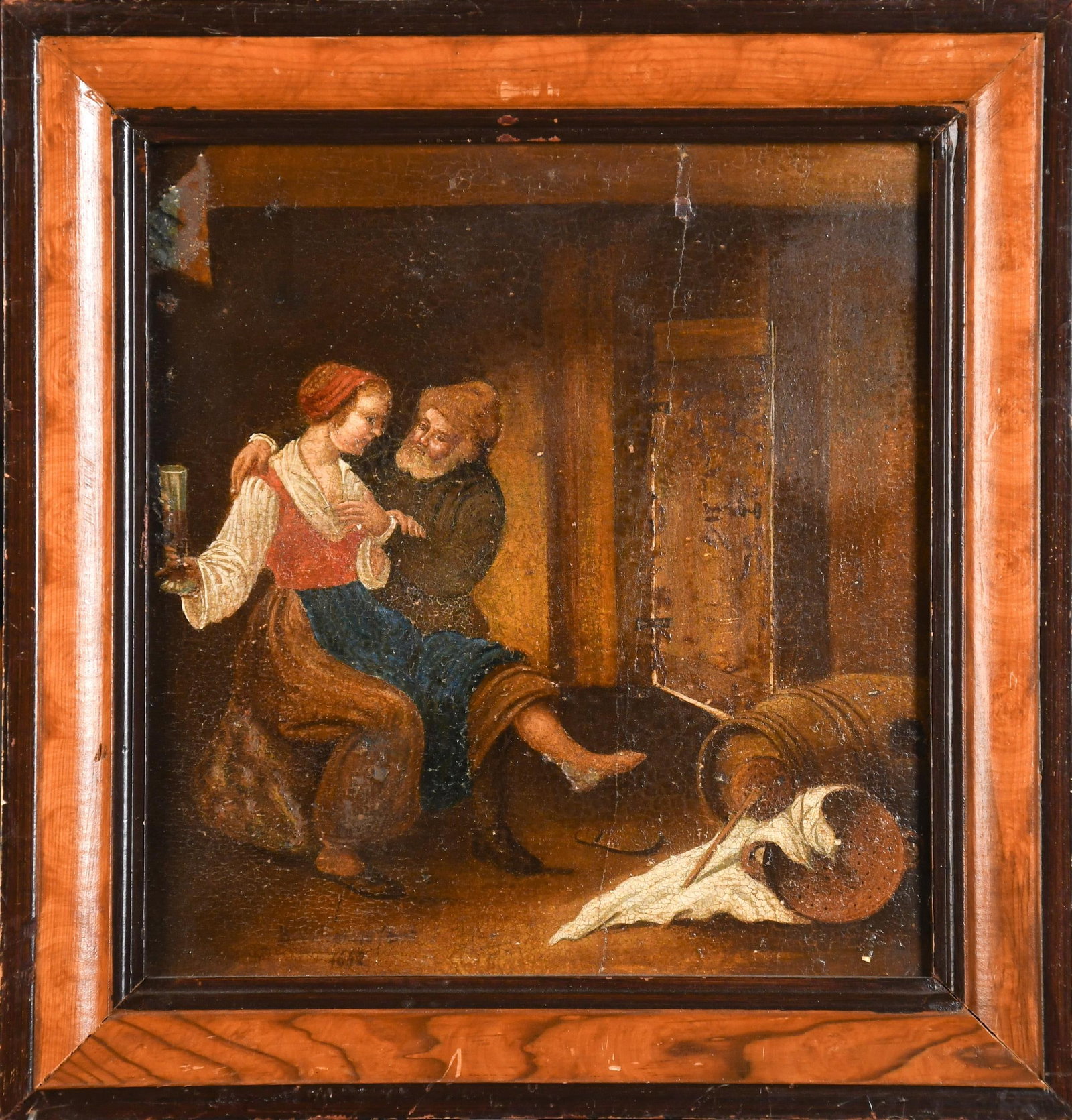 17TH C. EUROPEAN OIL, ON WOOD PANEL.: A 17th C. European oil painting on wood board, amorous couple in interior setting. Illegible signature at lower left with date 1652. Image 10.75” x 10”, Frame 13.5” x 13”.