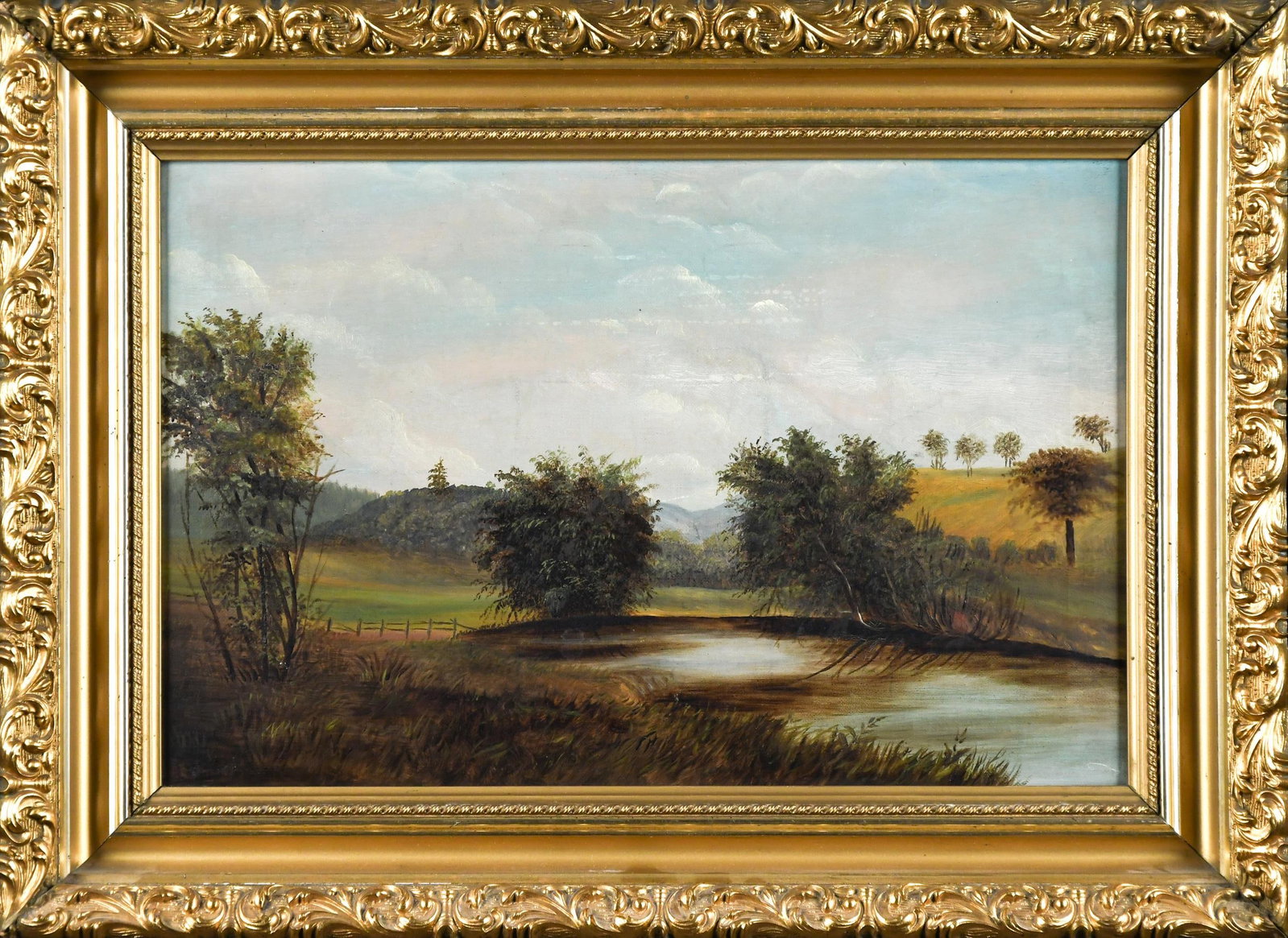PRIMITIVE 19TH C. OIL, LANDSCAPE. (1 of 8)