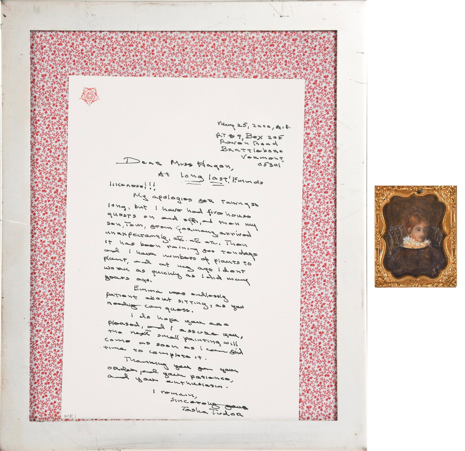 TASHA TUDOR MIN PAINTING AND DOCUMENT.: A miniature painting of Emma Bladwhistle painted for Sarah Hagen by Tasha Tudor along with a handwritten letter dated May 25, 2000 to Miss Hagen from Tasha Tudor. Miniature painting 2.5” x