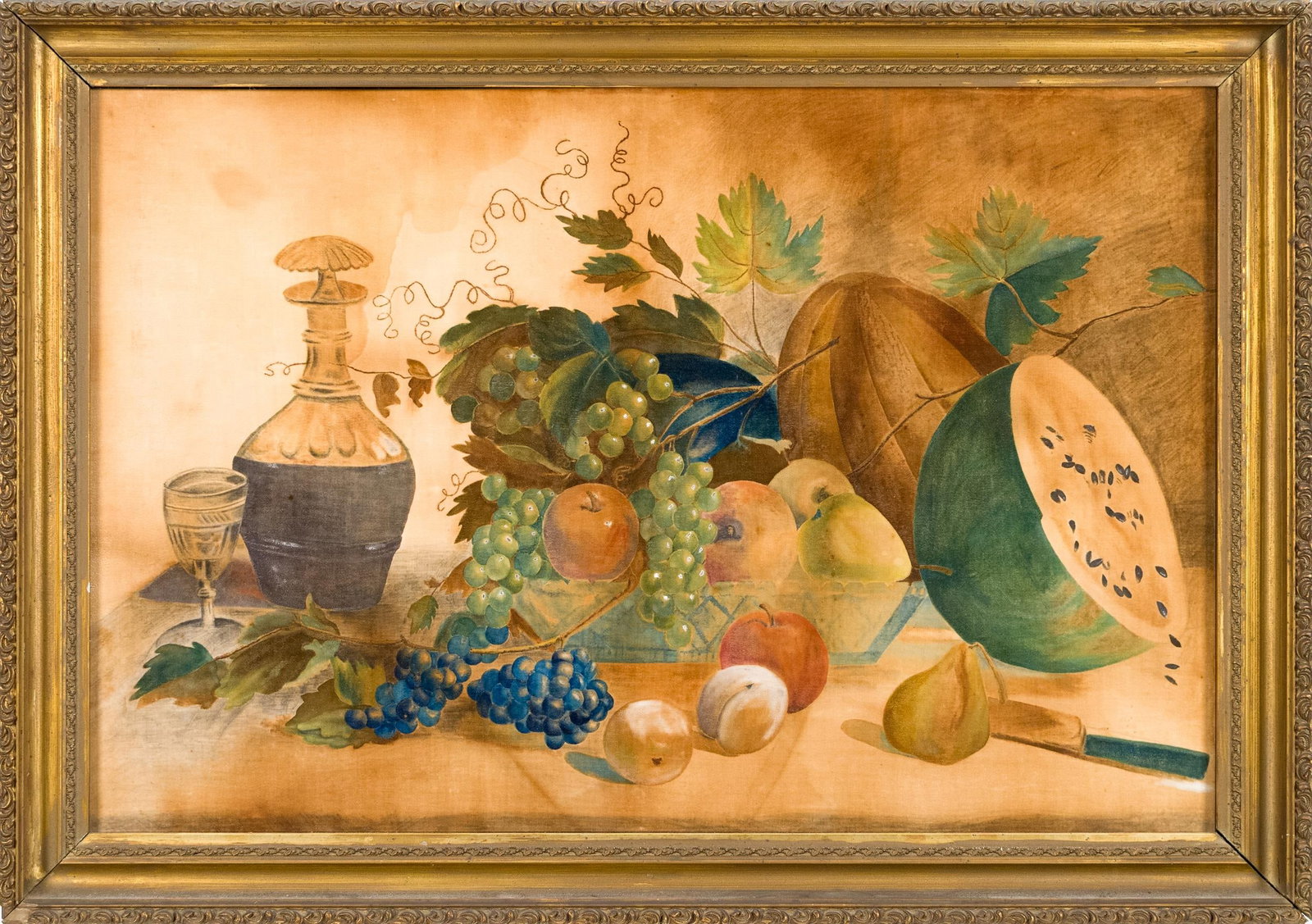 LARGE 19TH C. THEOREM ON VELVET, FRUIT AND WINE. (1 of 7)