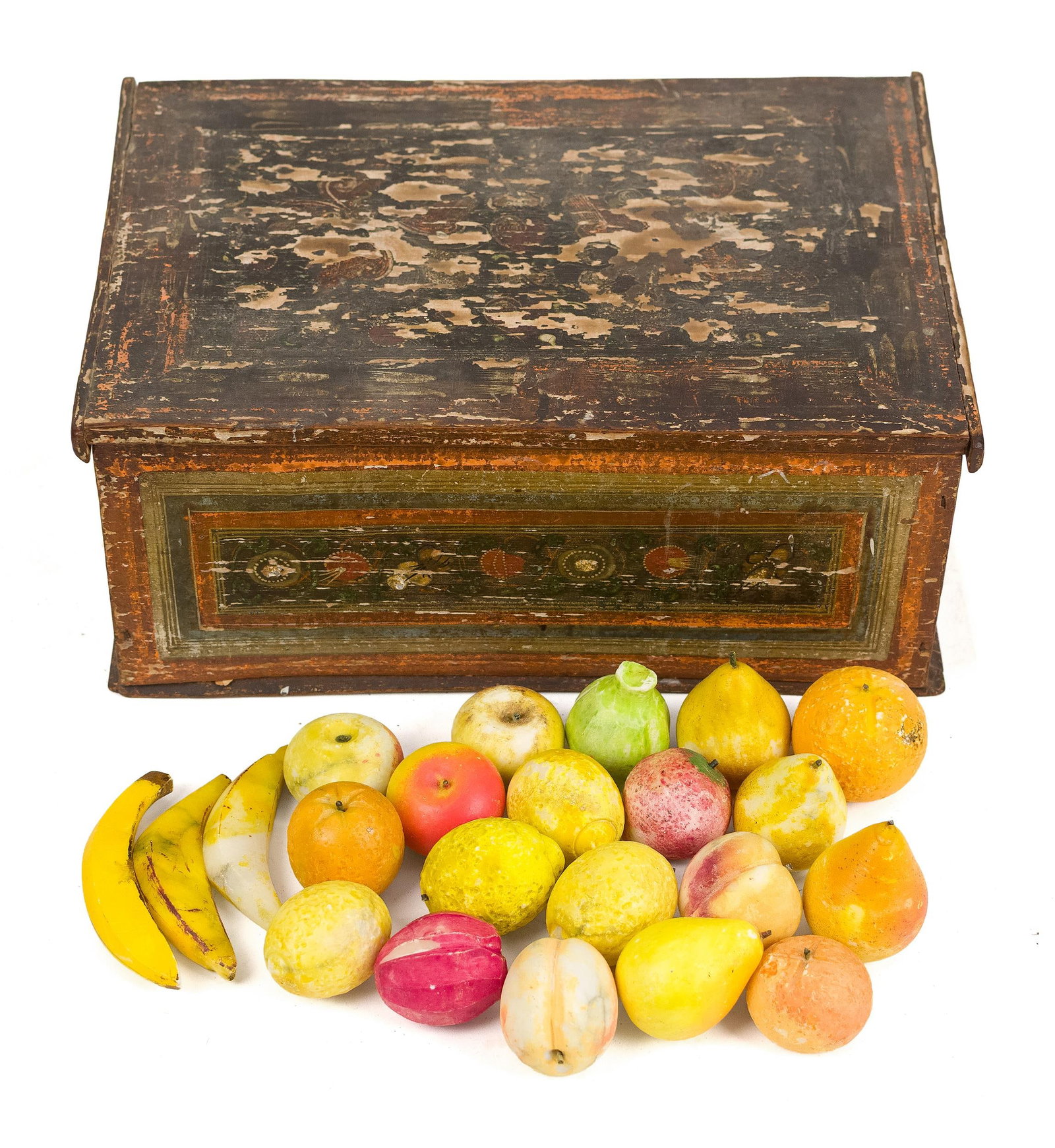 ANTIQUE PAINT DECORATED BOX AND MINIATURE STONE FRUIT (1 of 10)