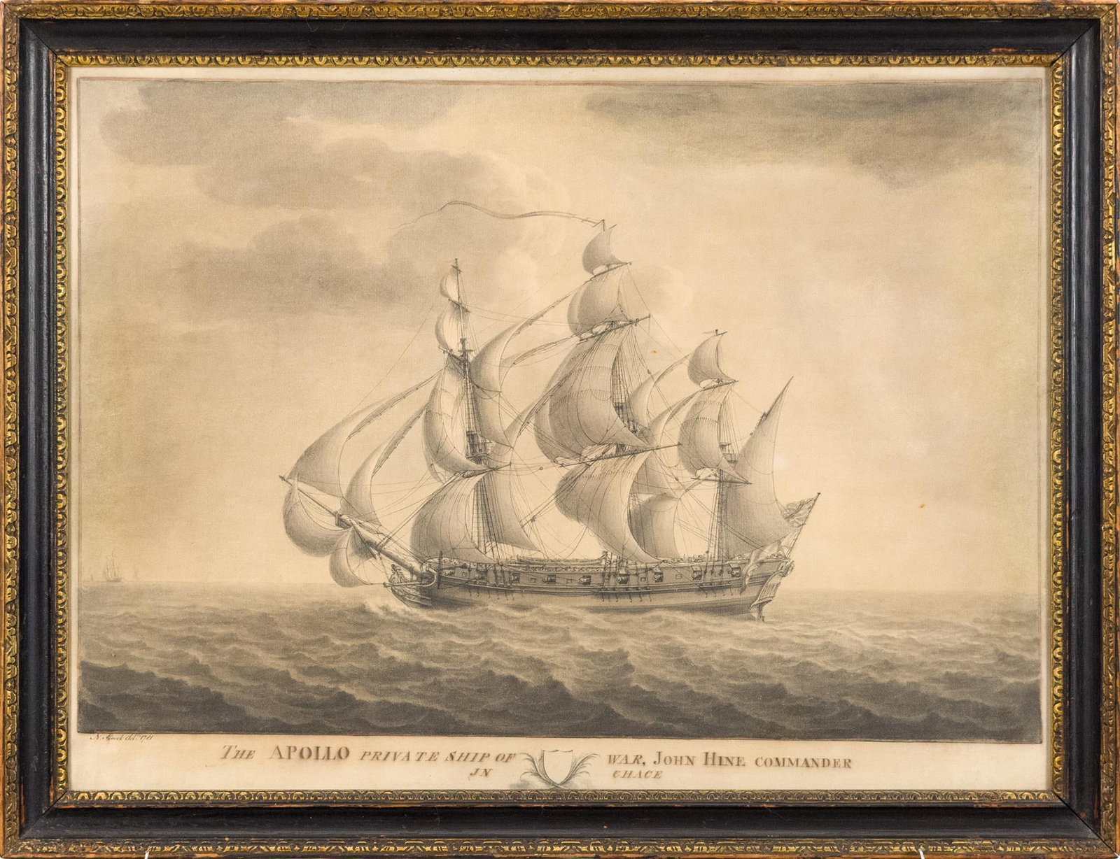 18TH C. MARINE ENGRAVING, THE APOLLO.: A dated 1781 marine engraving ‘The Apollo, Private Ship of War, John Hine, Commander in Chace’. Includes informational card on back stating artist ‘Nocock’ was part of the