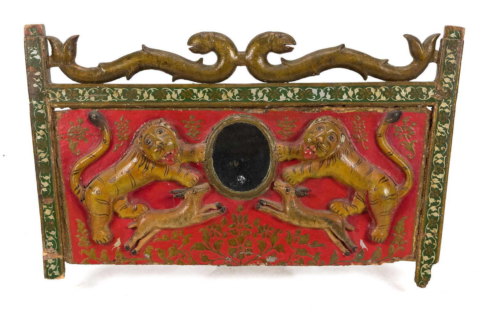 ANTIQUE CARVED AND PAINTED WALL HANGING FRAGMENT.: A well carved and painted antique wooden fragment, believed to be a remnant from a marriage wagon or carousel ride. Carving depicts two full bodied tigers, flanking a central mirror and topped with