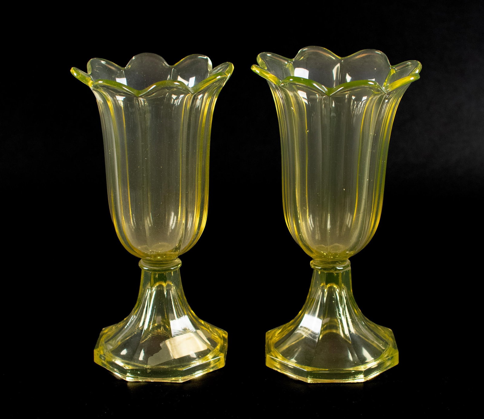 PAIR OF 19TH C. VASELINE GLASS TULIP VASES. (1 of 8)