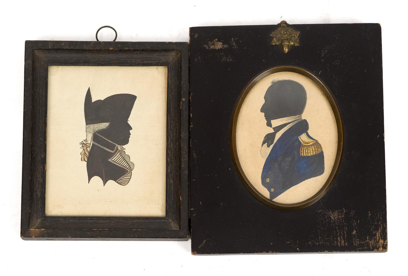 TWO ANTIQUE SILHOUETTES, MILITARY OFFICERS.: An 18th C. hollow-cut silhouette of a military officer, Image 4.5” x 3.5”, along with other oval 19th C. example, 4” x 3”.