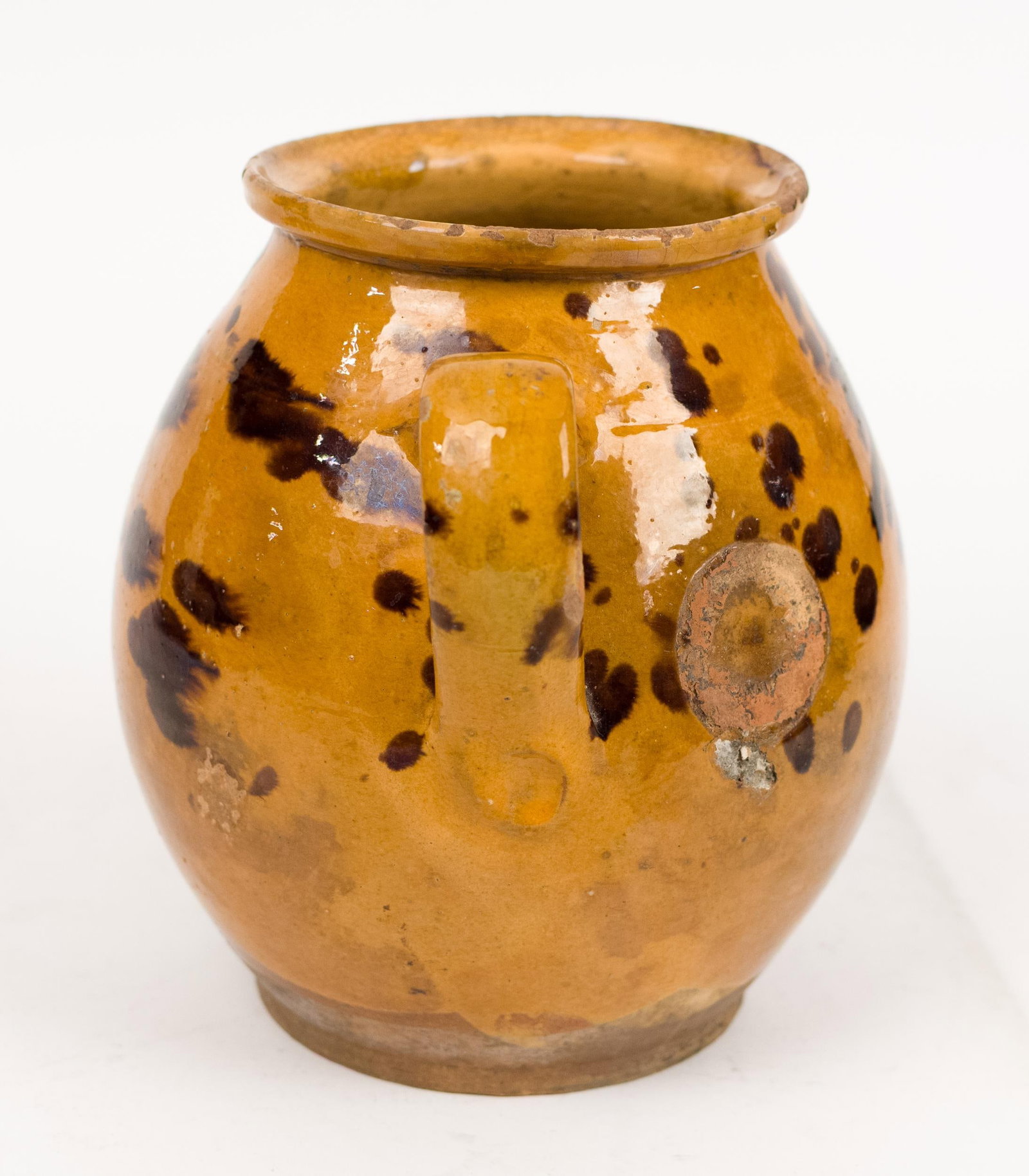 19TH C. REDWARE STORAGE JAR WITH HANDLE.  - 5