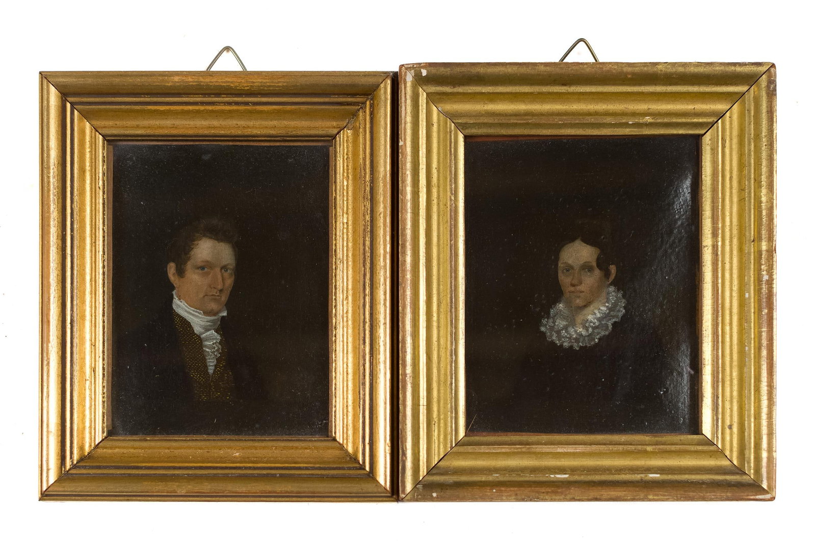 PR. 19TH C. MINIATURE OIL PORTRAITS, MAN & WIFE.: A pair of well-painted 19th C. oil portraits of an unidentified man and his wife. Images 4.5” x 3.5”, Frames 6.5” x 5.5”.
