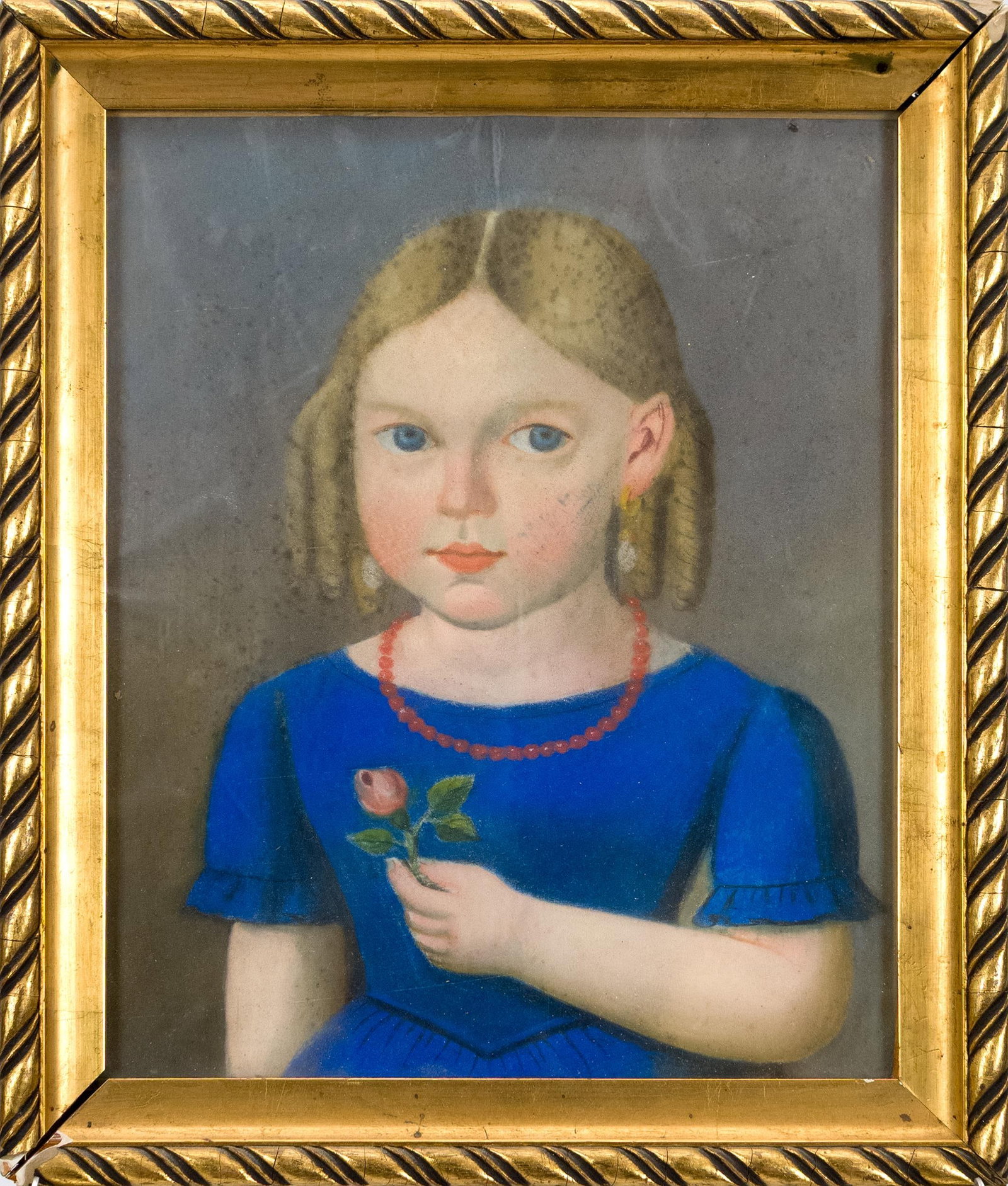 SMALL 19TH C. PORTRAIT PAINTING CHILD IN BLUE DRESS.: A vibrant 19th C. small size pastel of a young blonde haired and blue eyed girl adorned in a coral necklace, holding a rose. Image 12” x 10”, Frame 15” x 12”.