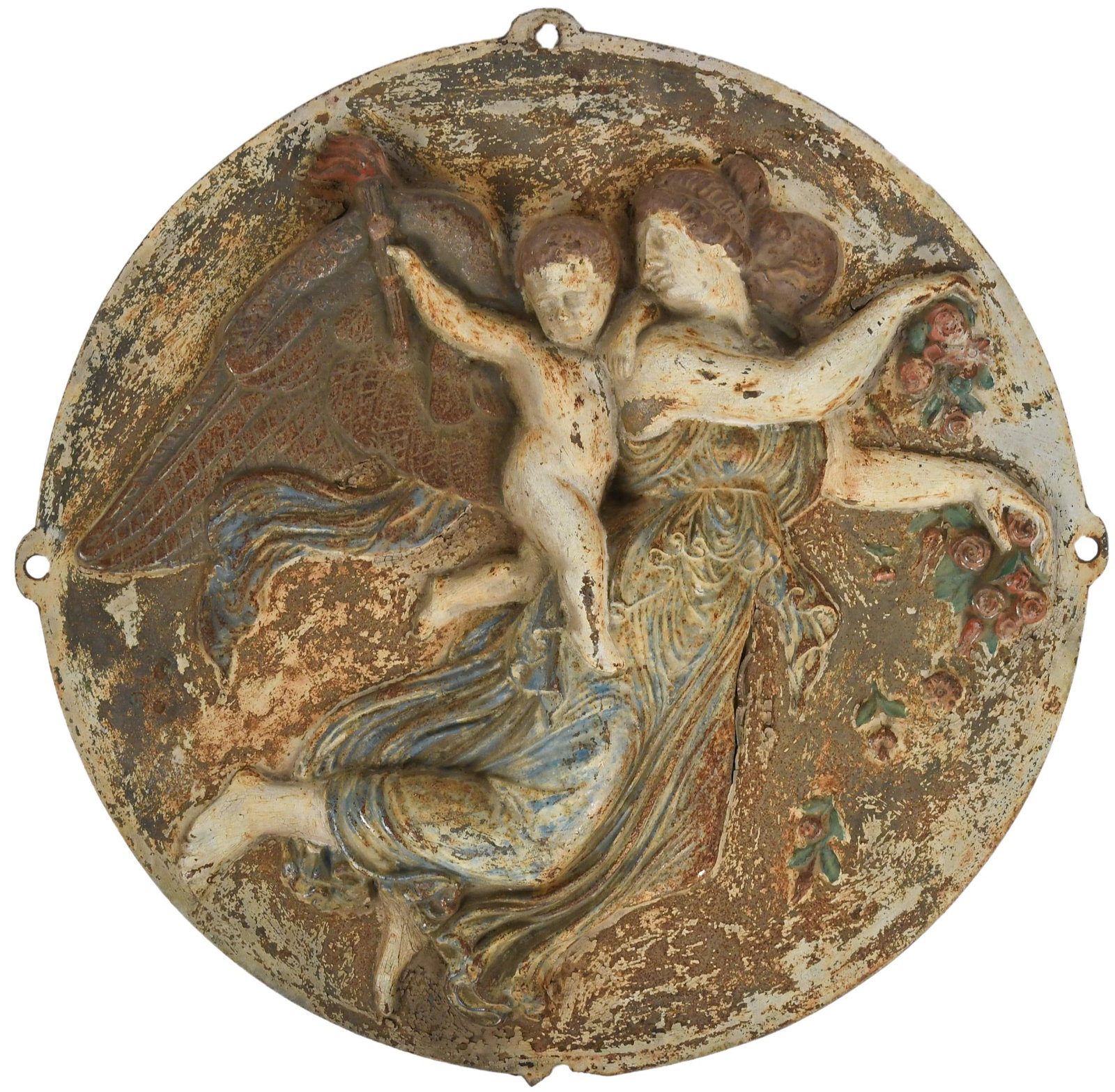 ANTIQUE CAST IRON MEDALLION.: A 19th C. cast iron decorative panel/cover depicting putti with torch riding a winged angel. 20” dia.