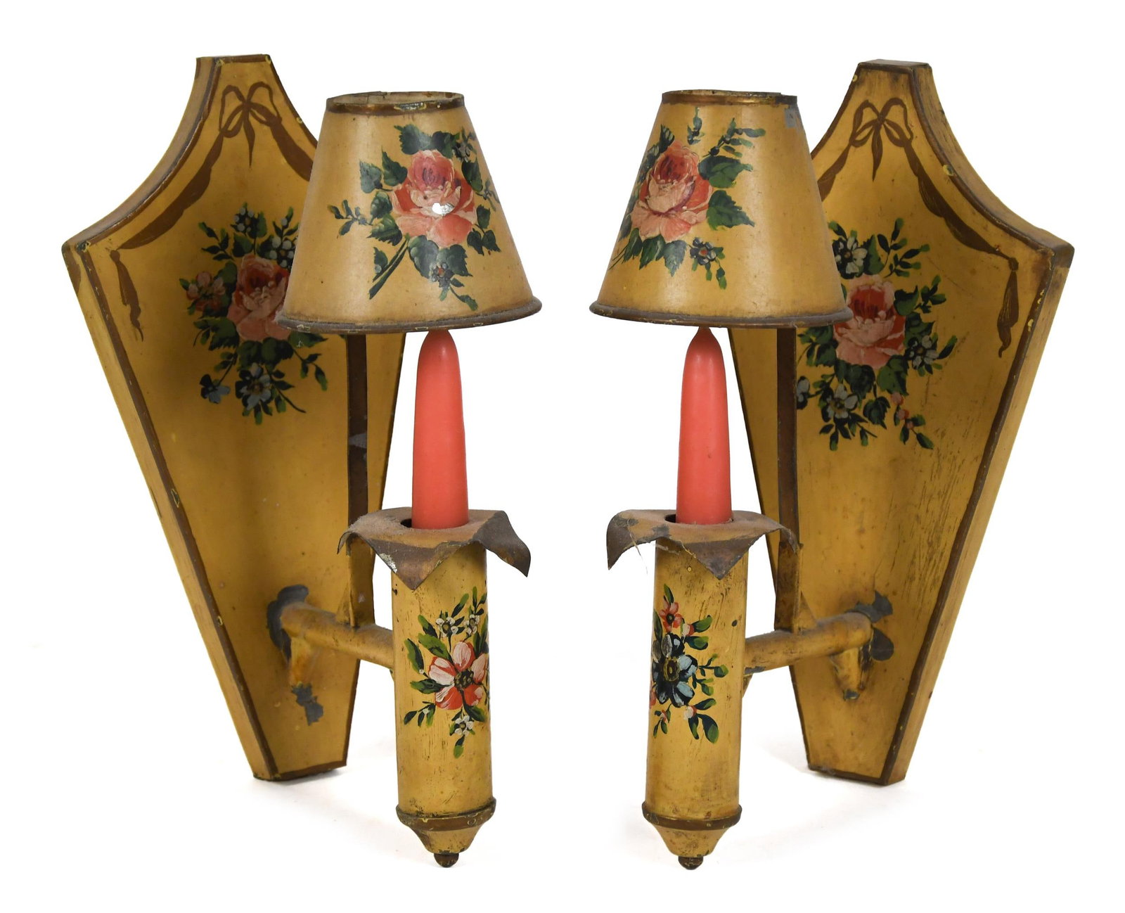 PR. ANTIQUE TOLEWARE CANDLE SCONCES.: A pair of late 19th/early 20th C. painted toleware candle sconces with floral design, ribbon borders, and matching shades. 10”H x 5.25”W x 6.5”D. Provenance: from the lifelong,