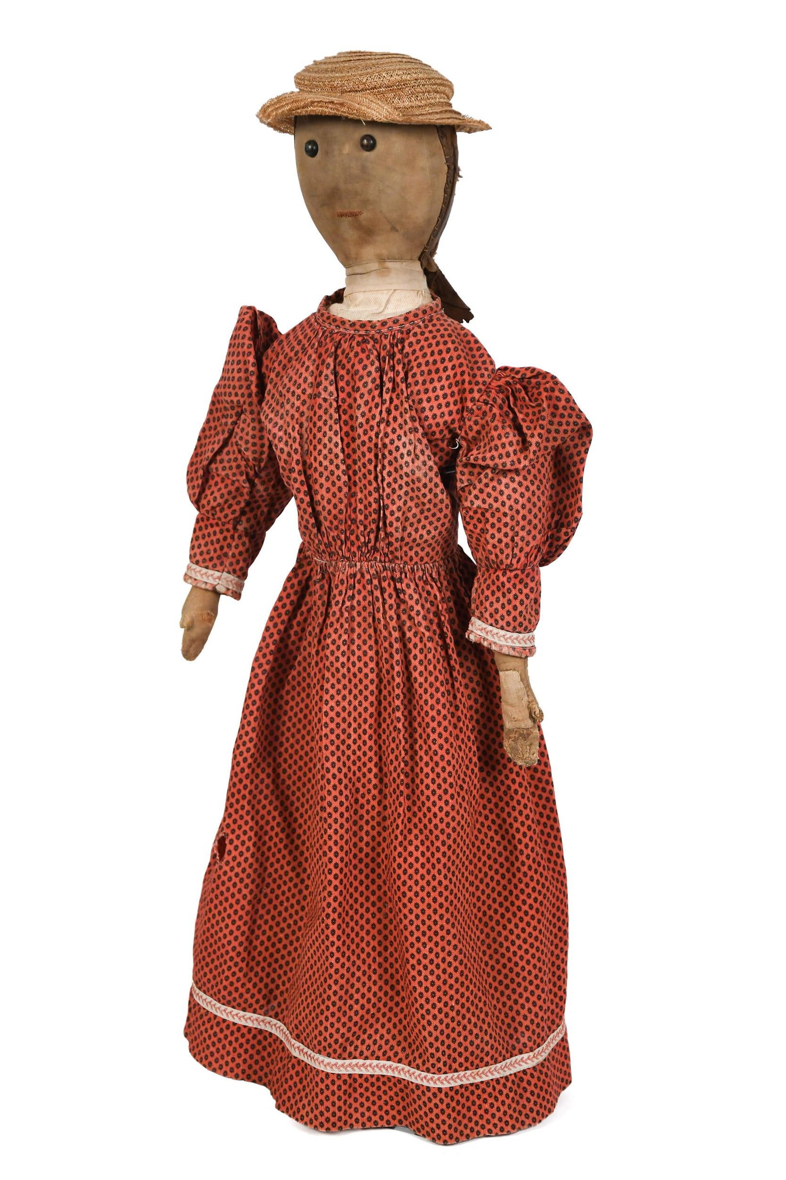19TH C. AMERICAN CLOTH DOLL IN PERIOD DRESS.: A ca. 1880 American cloth doll with boot button eyes, fitted hat, original clothing, and stitched fingers. 23”H. Provenance: from the lifelong, curated collection of Kathy Schoemer, Walpole, NH.