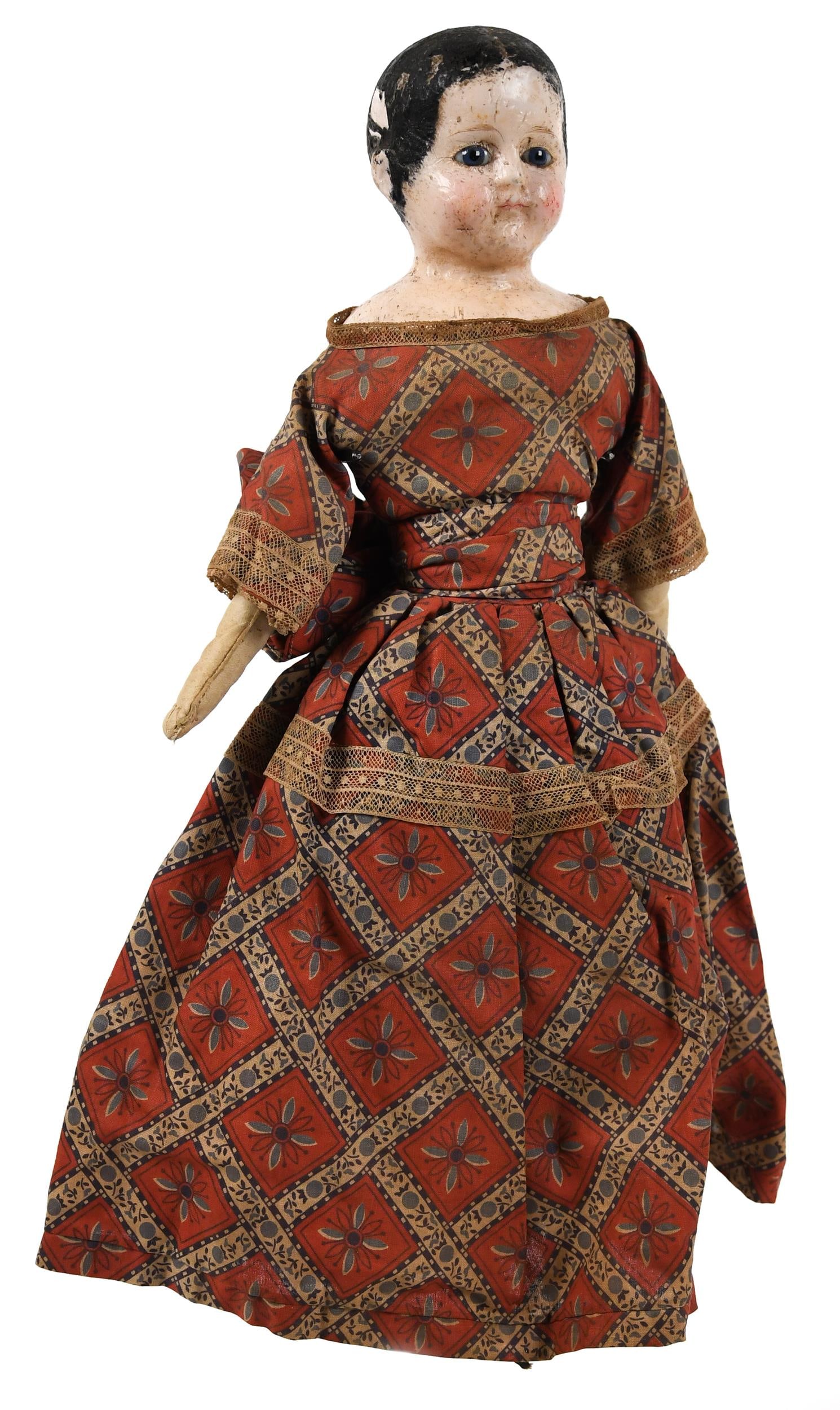 ANTIQUE EUROPEAN MOLDED HEAD DOLL.: A 19th C. molded head doll in period clothing, leather boots, and glass eyes, likely of French or German origin. 15”H. Provenance: from the lifelong, curated collection of Kathy Schoemer, Walpol
