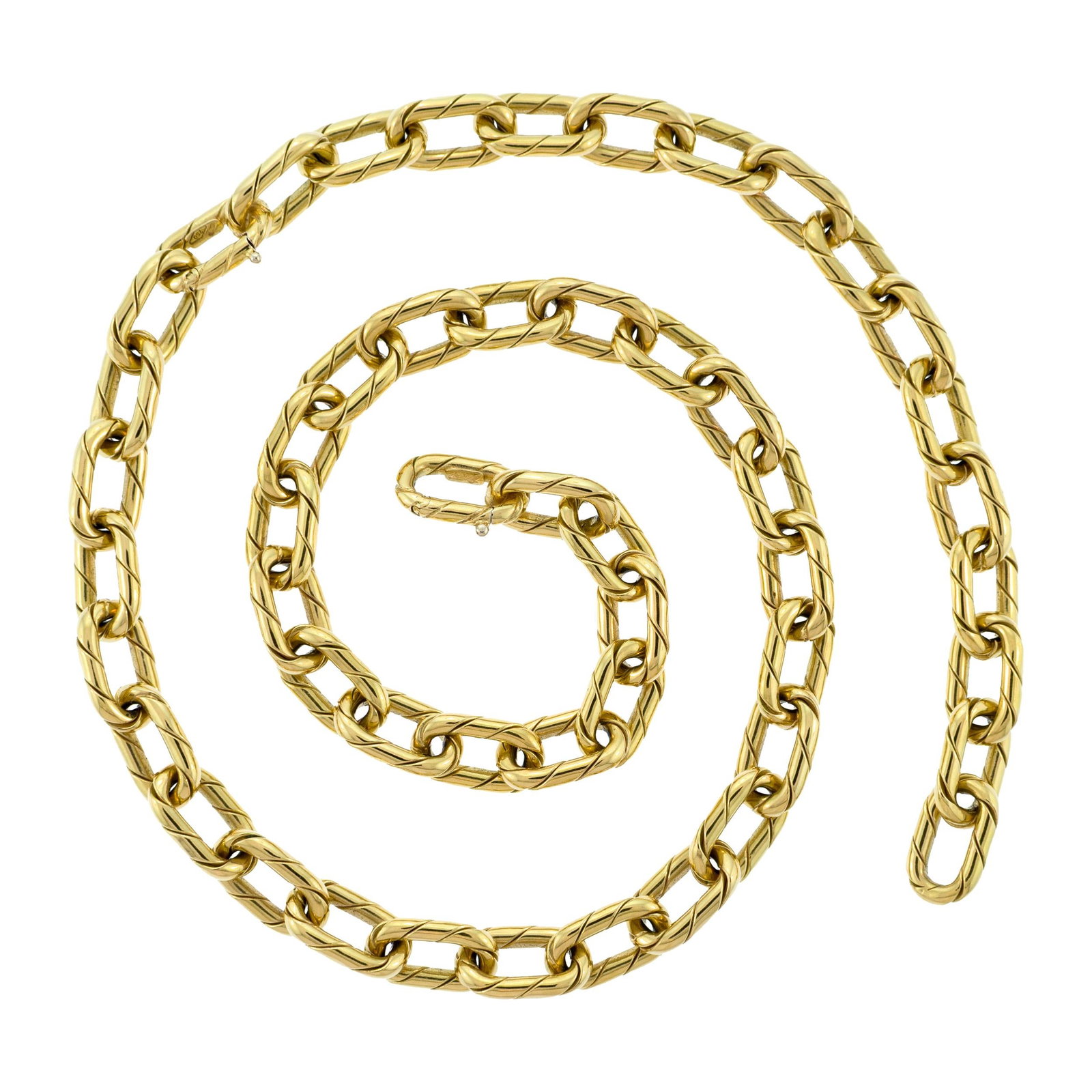 18K GOLD TEXTURED OVAL LINK CHAIN NECKLACE.: An 18k yellow gold (stamped), textured oval link chain necklace, 24 inches long, 10mm wide, 74.4 grams. Provenance: a prominent Washington, DC family.