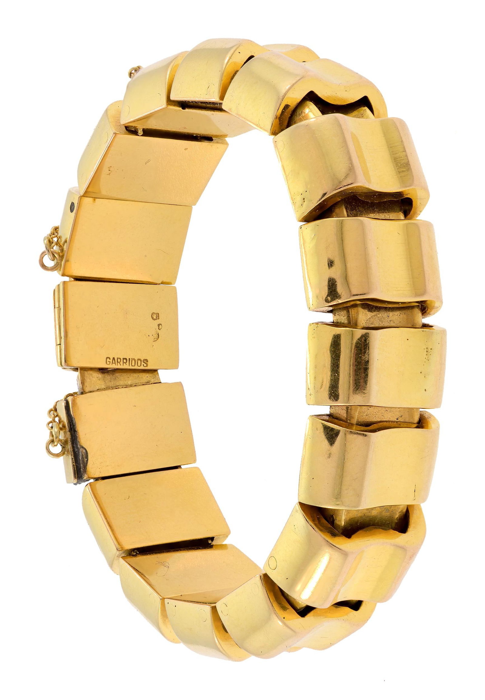 GARRIDOS 19K GOLD LINK BRACELET.: A vintage, signed 'Garridos', 19K yellow gold (marked 800 with Portuguese hallmark) link bracelet, 14mm wide, 5 1/2 inch inner cir., with a fixed safety chain, 52.9 grams total weight.