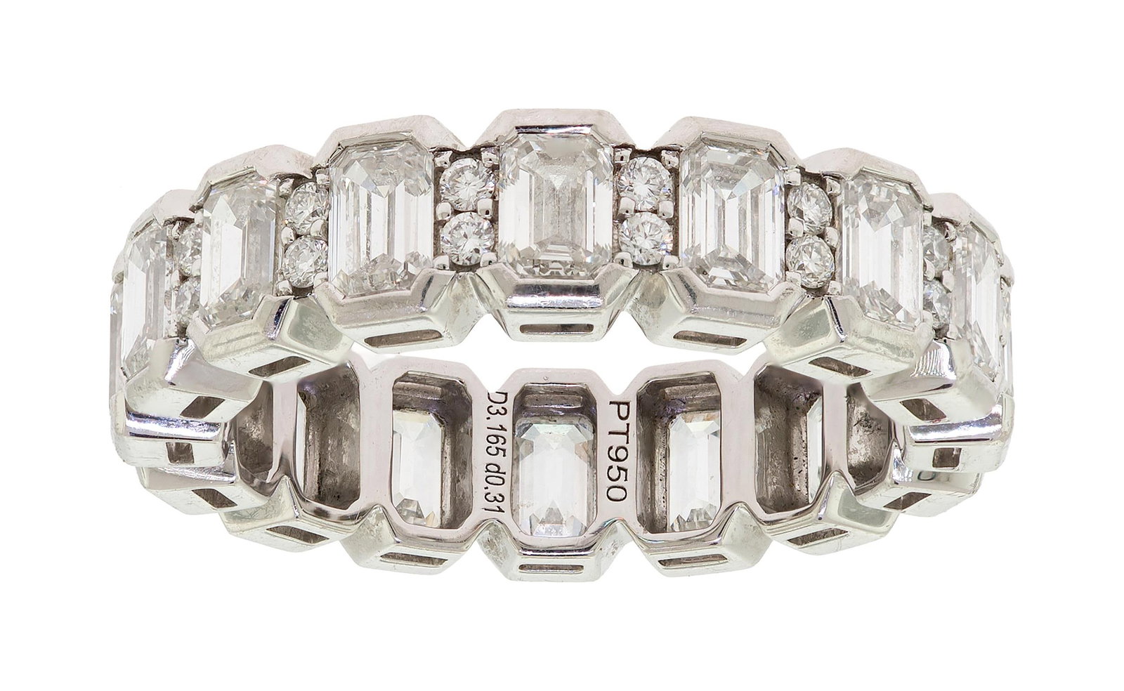 PLATINUM EMERALD & RBC DIAMOND ETERNITY BAND.: A platinum (stamped), eternity band set with exactly, 3.48 ct. tw., emerald and round brilliant cut, natural diamonds of G-H color and VVS clarity. Ring size 6 3/4, 5.4mm wide, 8 grams. Tested as
