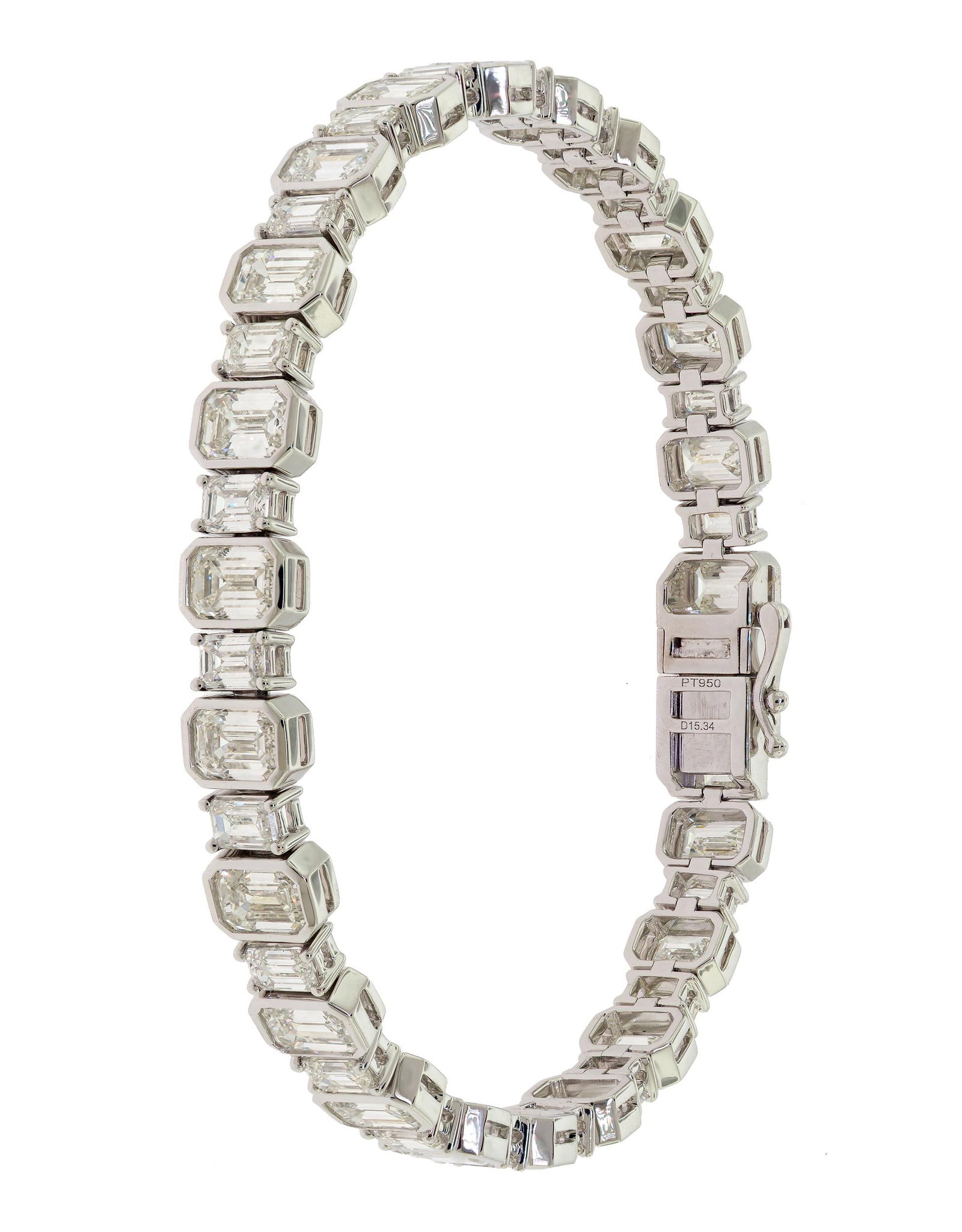 PLATINUM 15 CTW EMERALD CUT DIAMOND LINE BRACELET.: A platinum (stamped), line bracelet, bezel and prong set with exactly, 15.34 ct. tw., emerald cut, natural diamonds of H-I color and VVS clarity, the larger stones measuring, 5.5 x 4.0mm, approx. 7